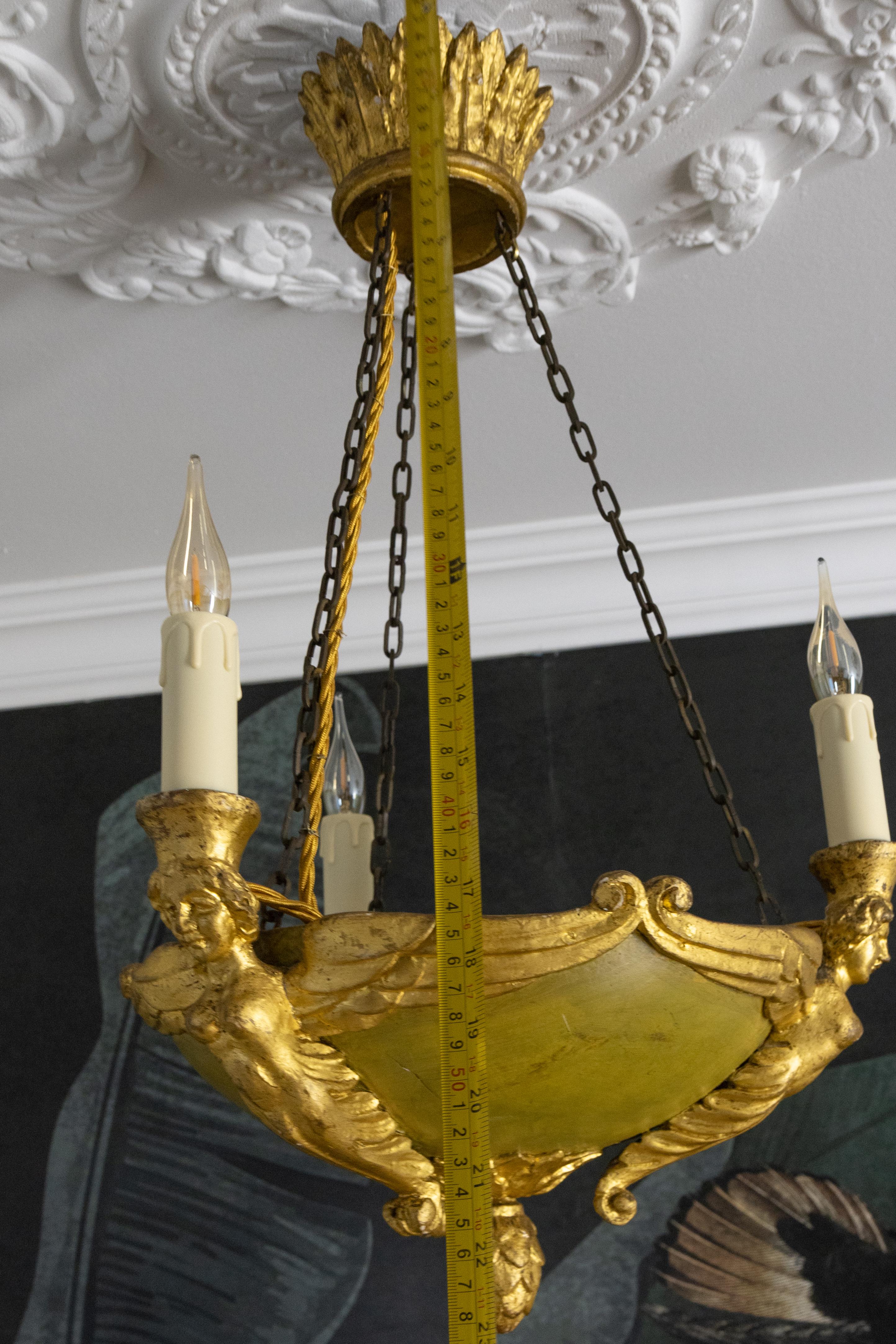Antique French Empire Style Giltwood Three-Light Chandelier, Mid-19th Century For Sale 12
