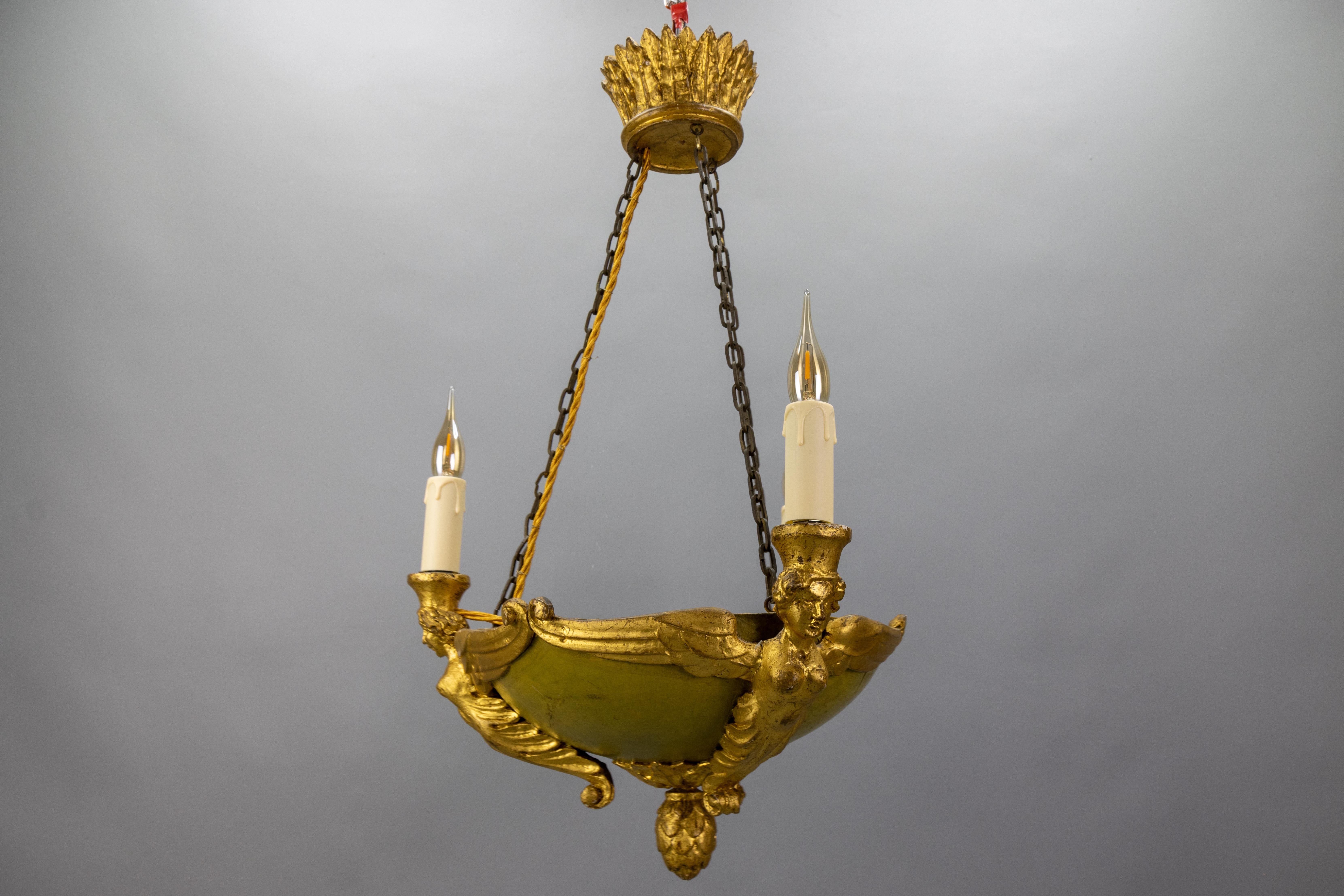 Antique French Empire Style Giltwood Three-Light Chandelier, Mid-19th Century For Sale 14