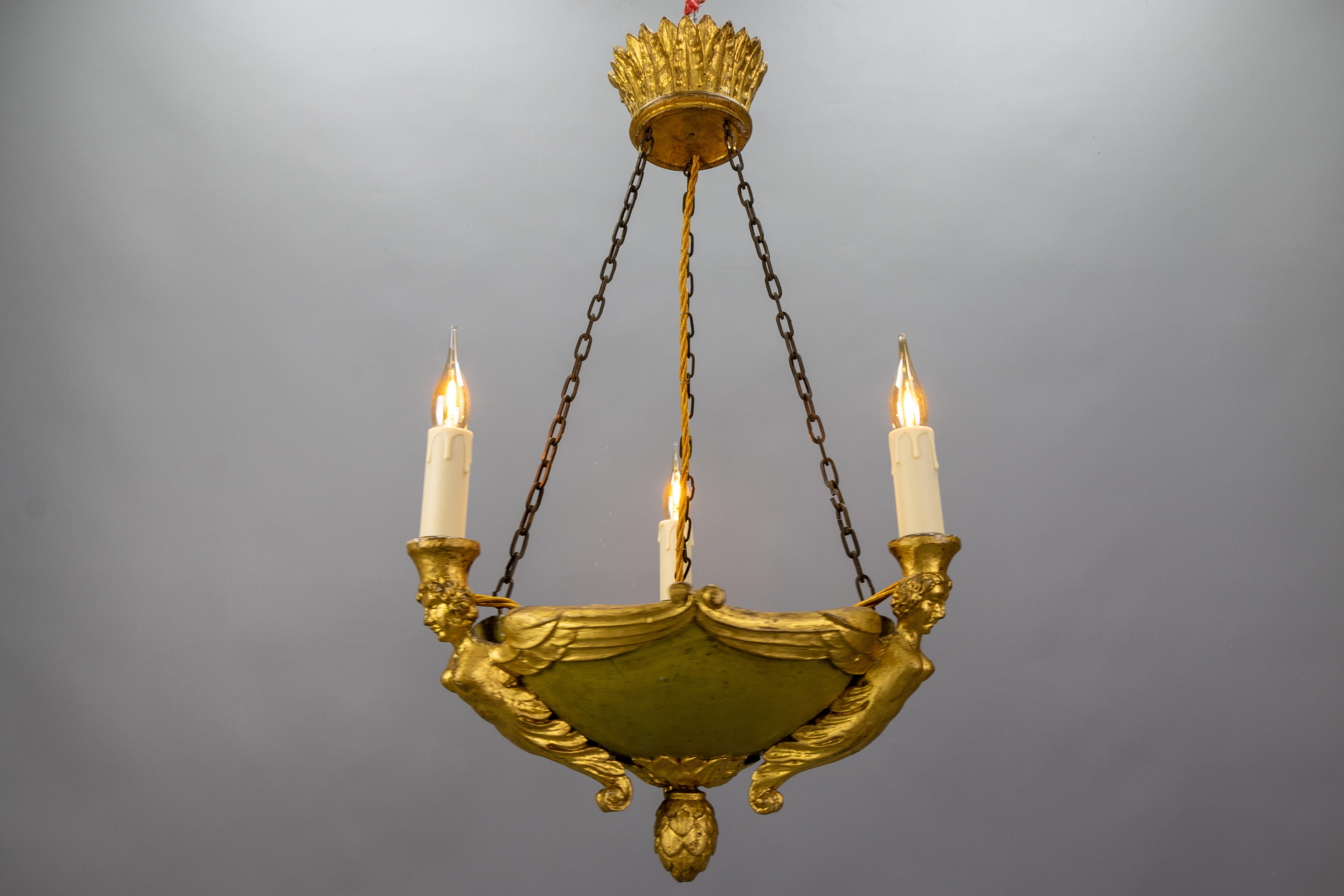 Antique French Empire Style Giltwood Three-Light Chandelier, Mid-19th Century For Sale 15