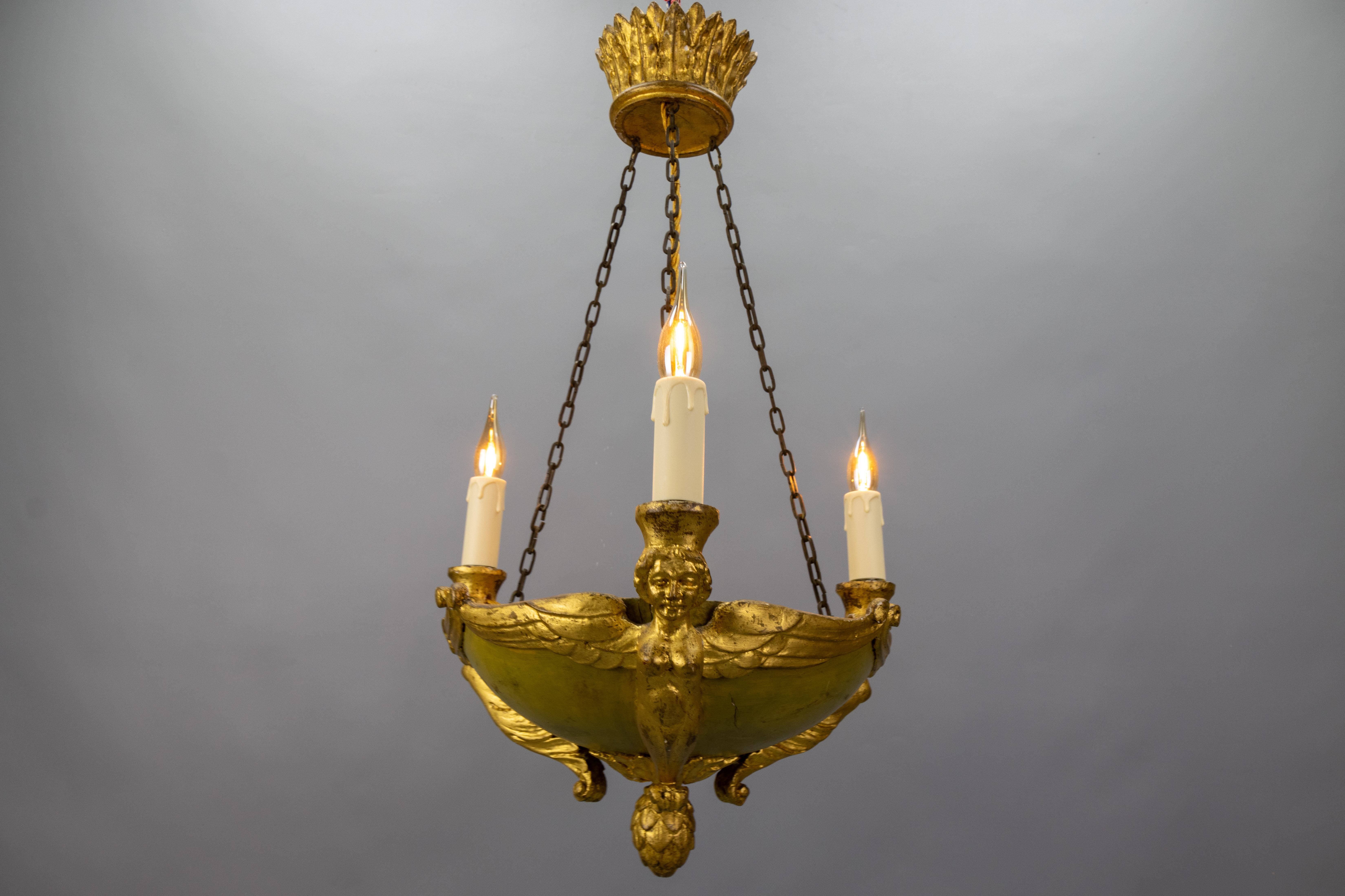 Metal Antique French Empire Style Giltwood Three-Light Chandelier, Mid-19th Century For Sale