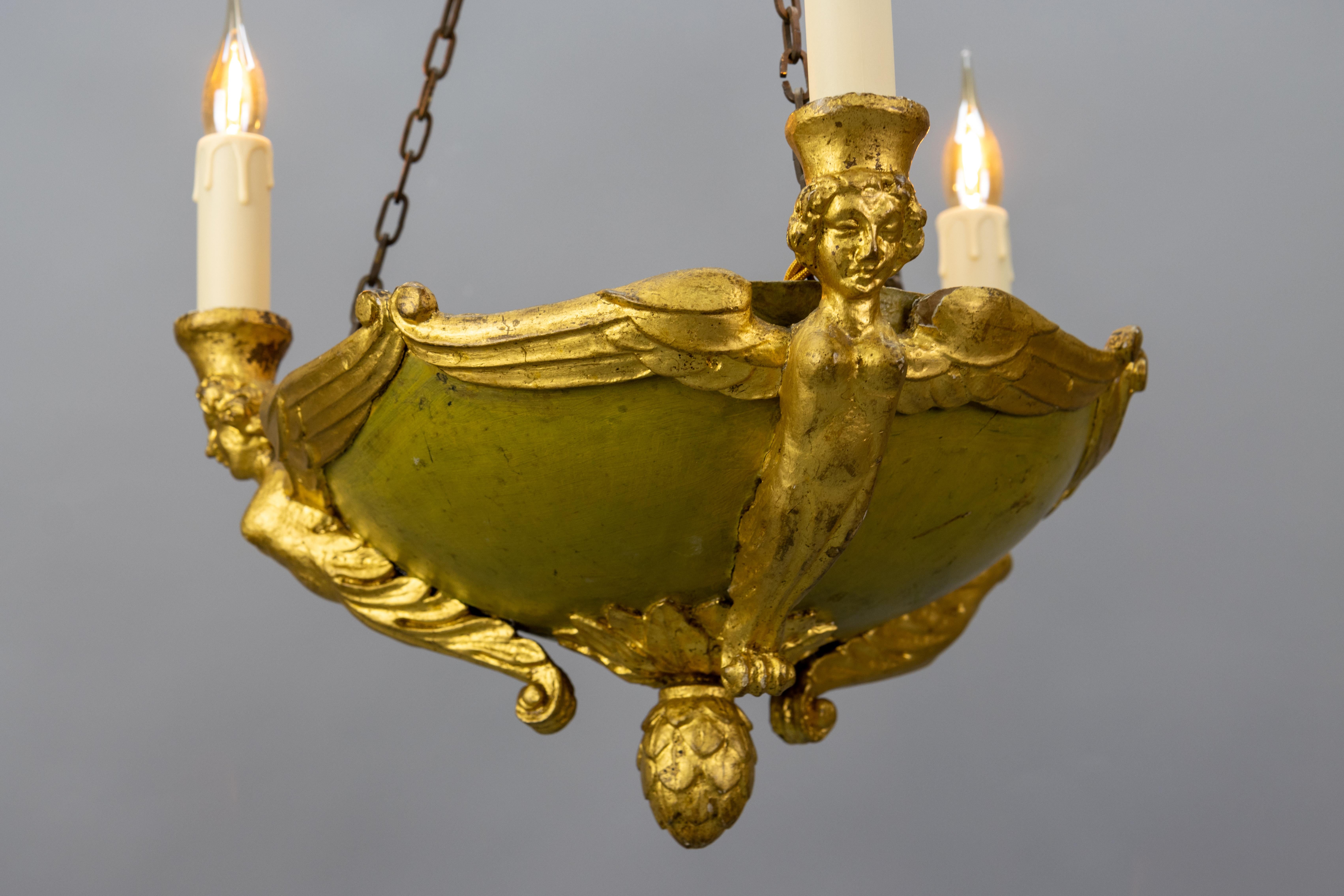 Antique French Empire Style Giltwood Three-Light Chandelier, Mid-19th Century For Sale 2
