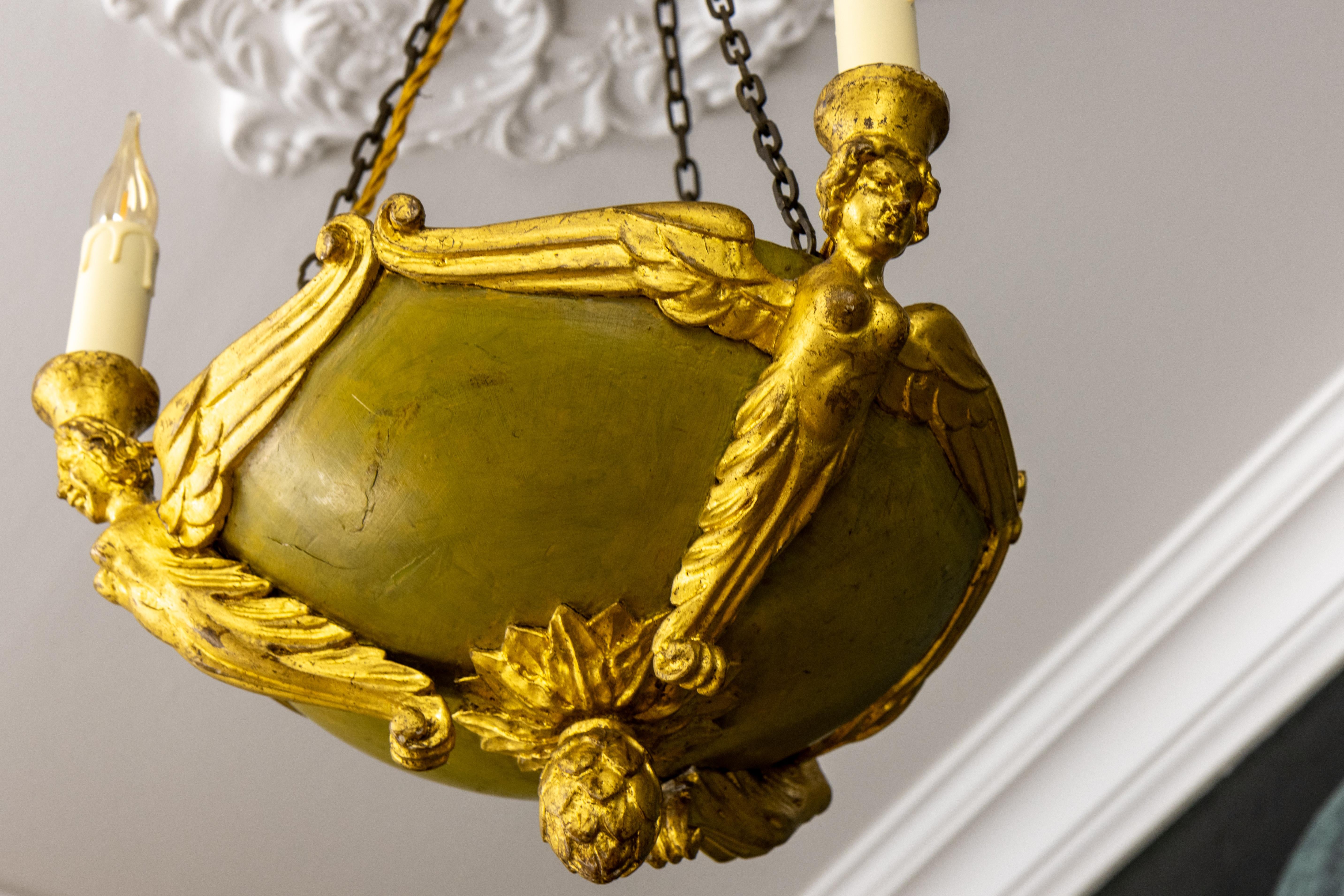 Antique French Empire Style Giltwood Three-Light Chandelier, Mid-19th Century For Sale 3