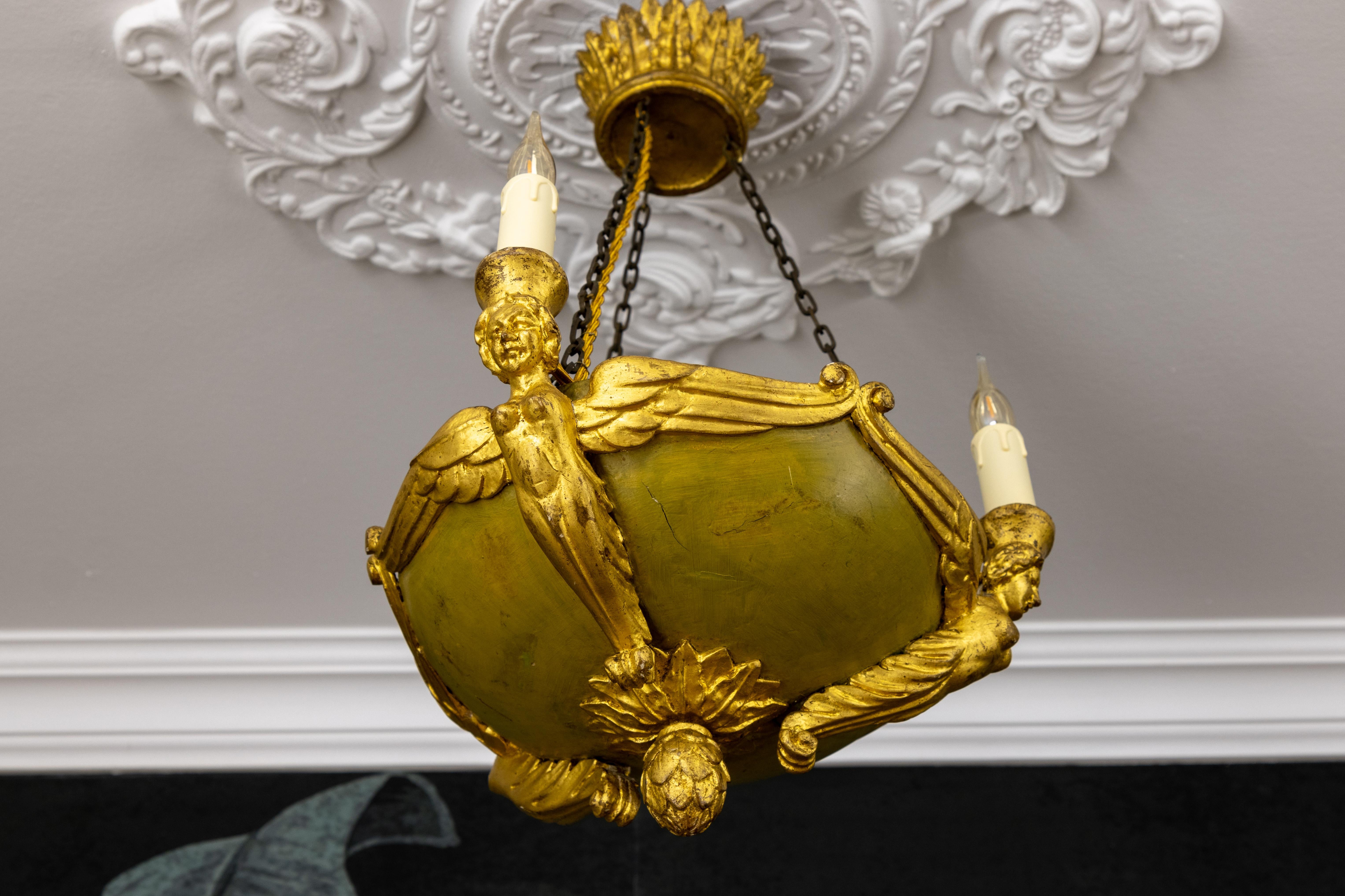 Antique French Empire Style Giltwood Three-Light Chandelier, Mid-19th Century For Sale 5