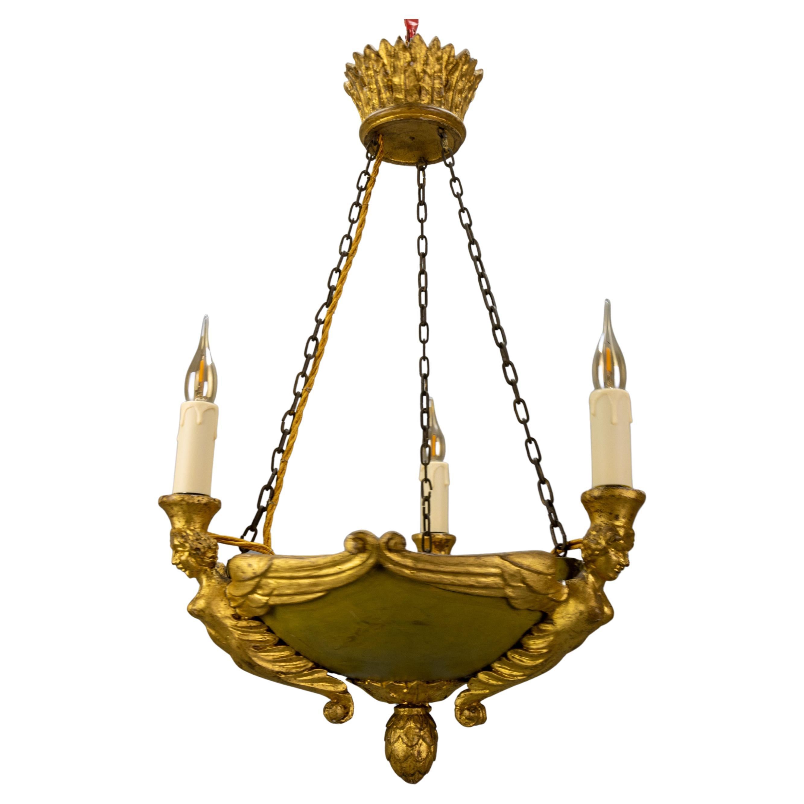 Antique French Empire Style Giltwood Three-Light Chandelier, Mid-19th Century For Sale