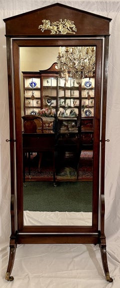 Antique French Empire Style Mahogany & Gold Bronze Standing Mirror, Circa 1890's