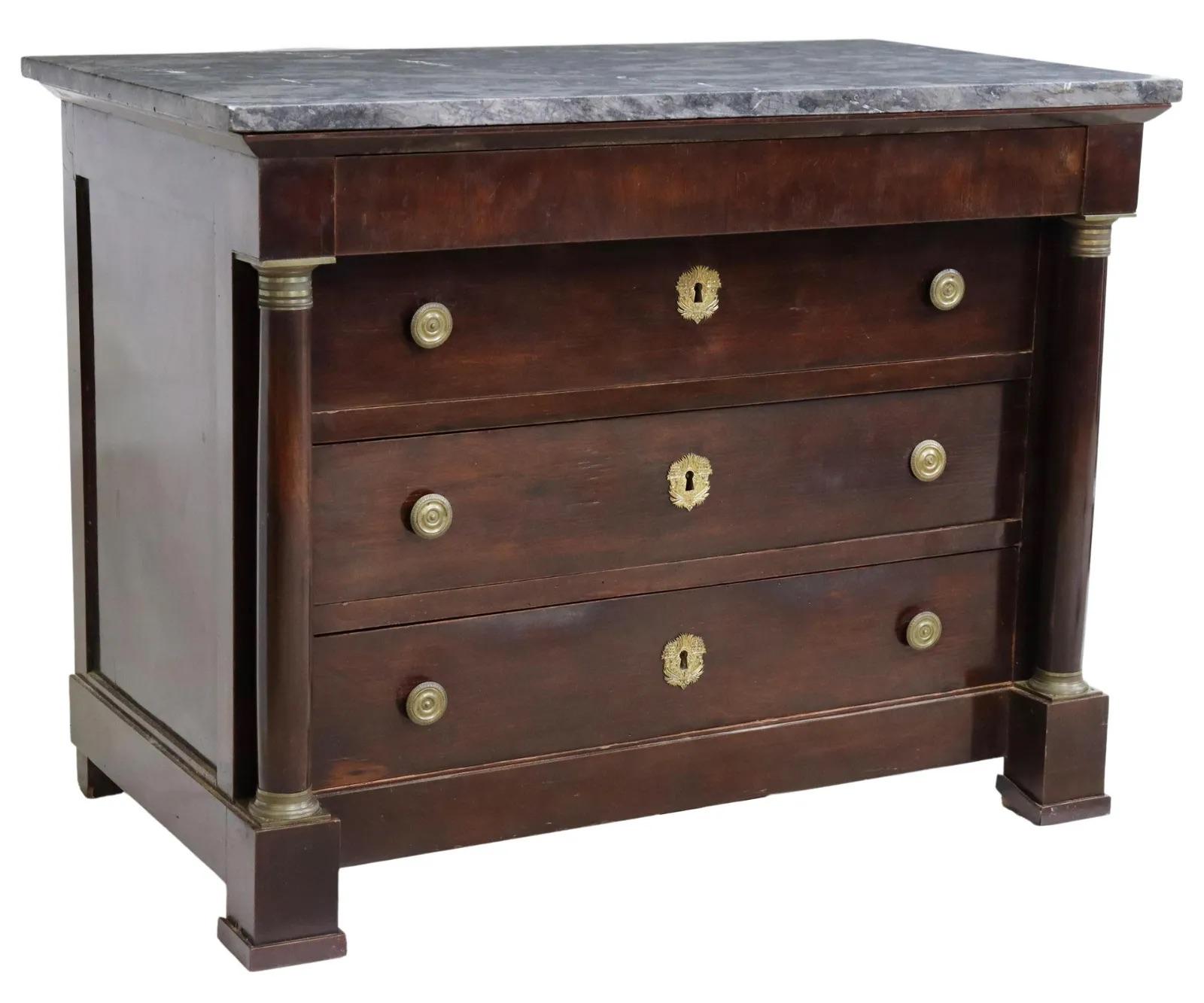 19th Century Antique French Empire Style Marble-Top Mahogany Commode For Sale