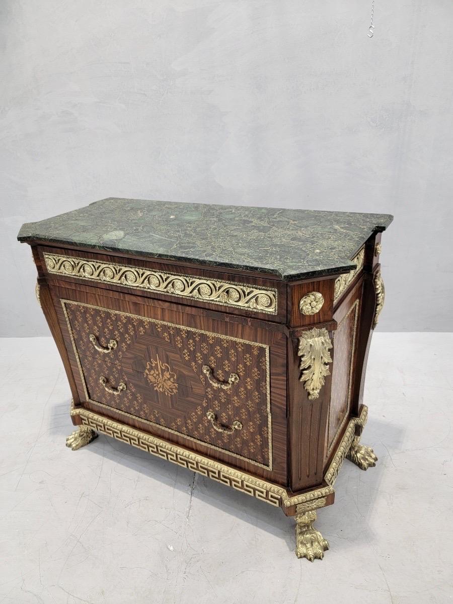 Ormolu Antique French Empire Style Marquetry Inlay Chest Commode For Sale