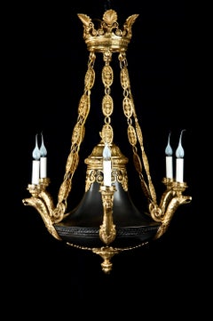 Antique French Empire Style Neoclassical Gilt and Patina Bronze Eagle Chandelier