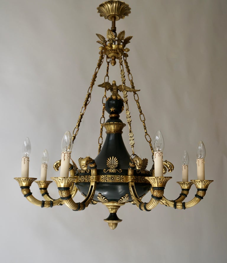Antique French Empire Style Neoclassical Gilt and Patina Bronze Eagle Chandelier 1