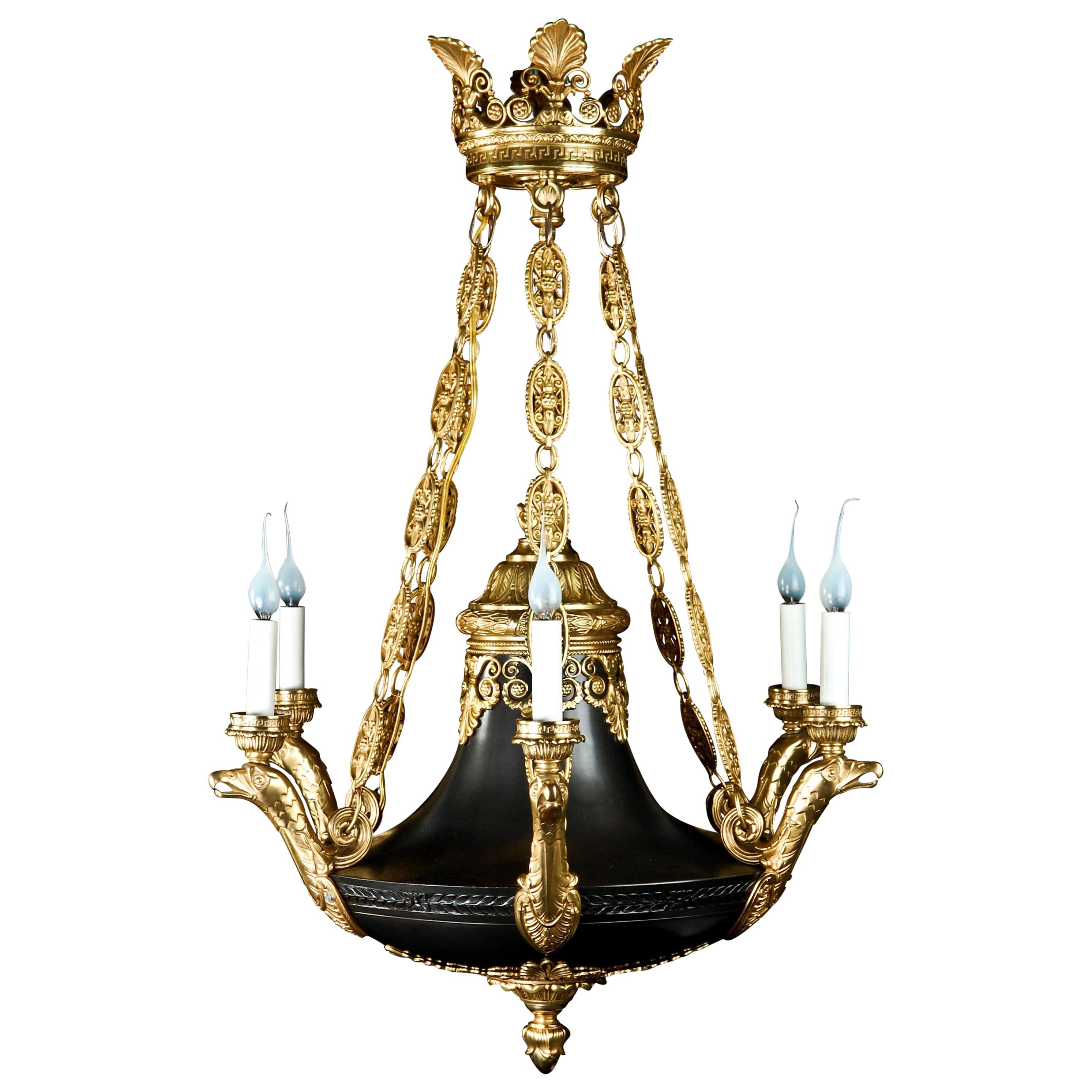 Antique French Empire Style Neoclassical Gilt and Patina Bronze Eagle Chandelier