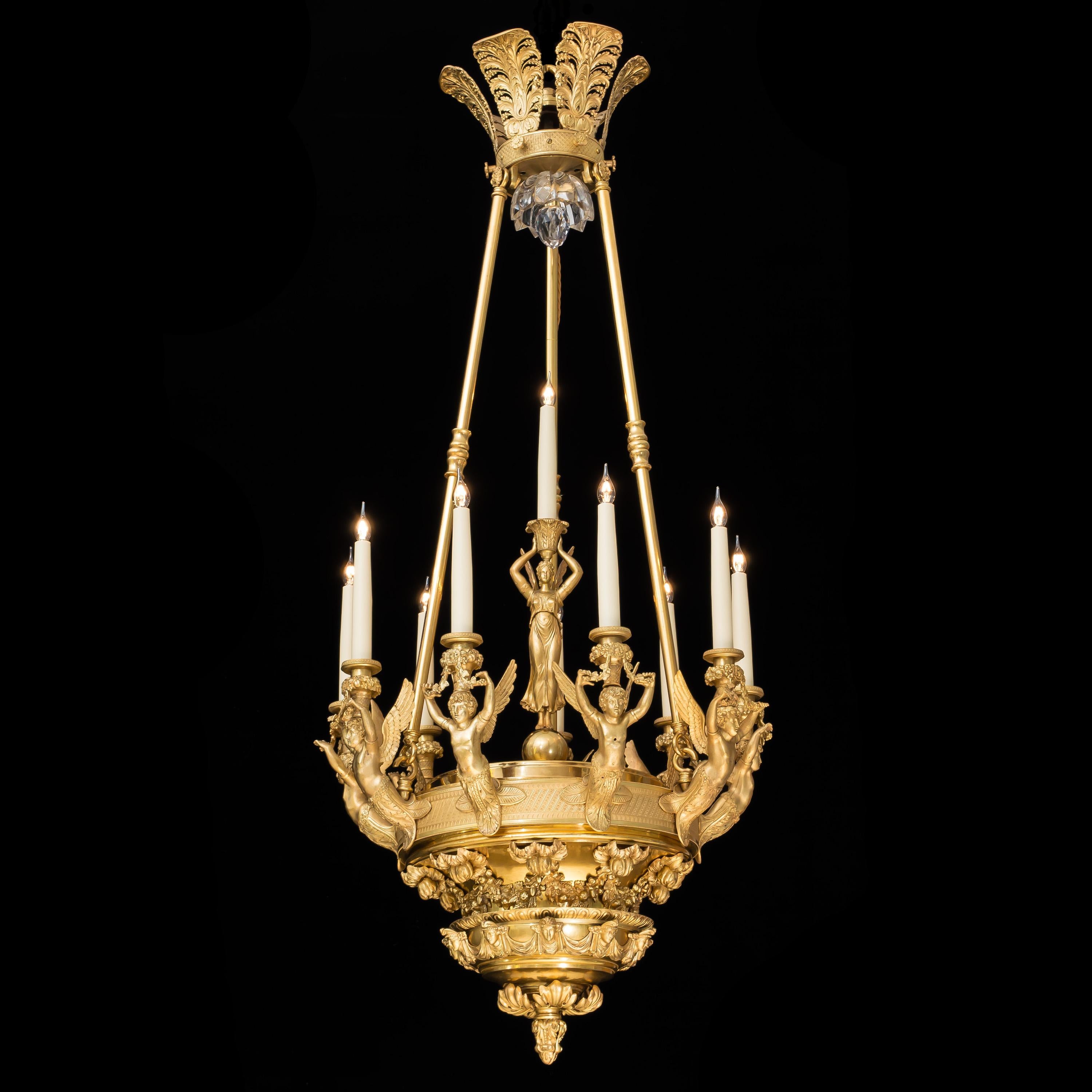 A French Empire Style Ormolu 10-Light Chandelier

Constructed from gilded bronze, with hand-chased details and burnished highlights, the chandelier composed of a central dish inspired by an Ancient Roman oil lamp adorned with floral garlands and