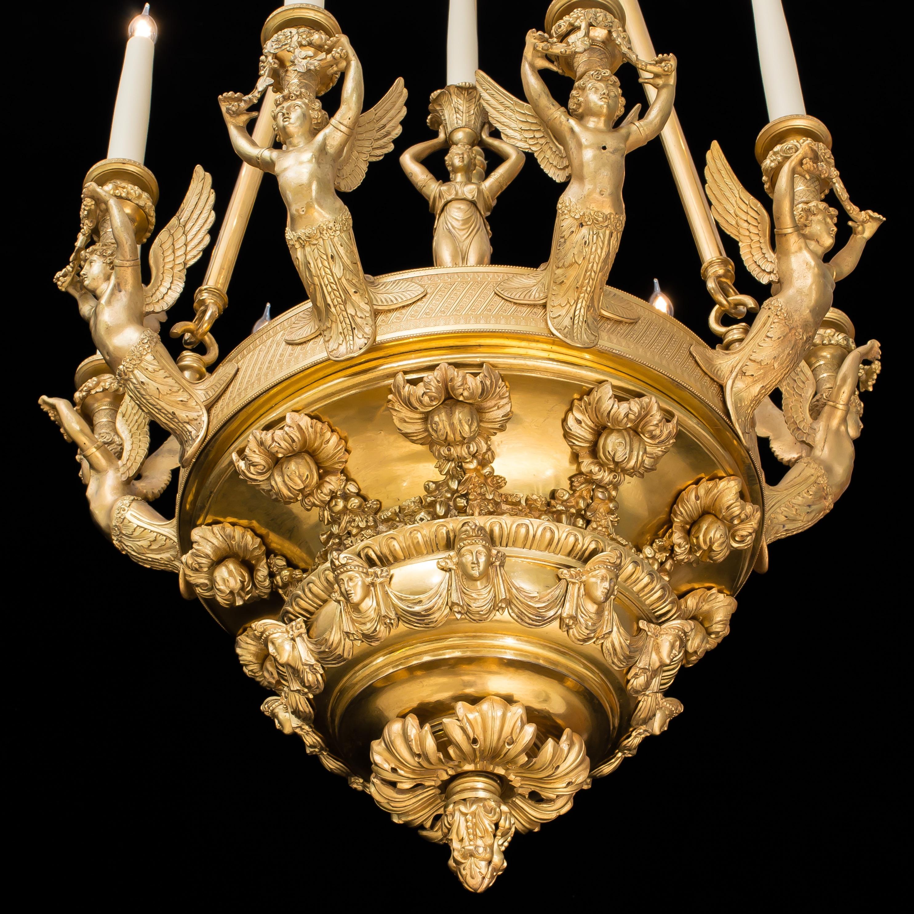 Antiker französischer neoklassizistischer 10-Licht-Kronleuchter aus vergoldeter Bronze im Empire-Stil (Französisch) im Angebot
