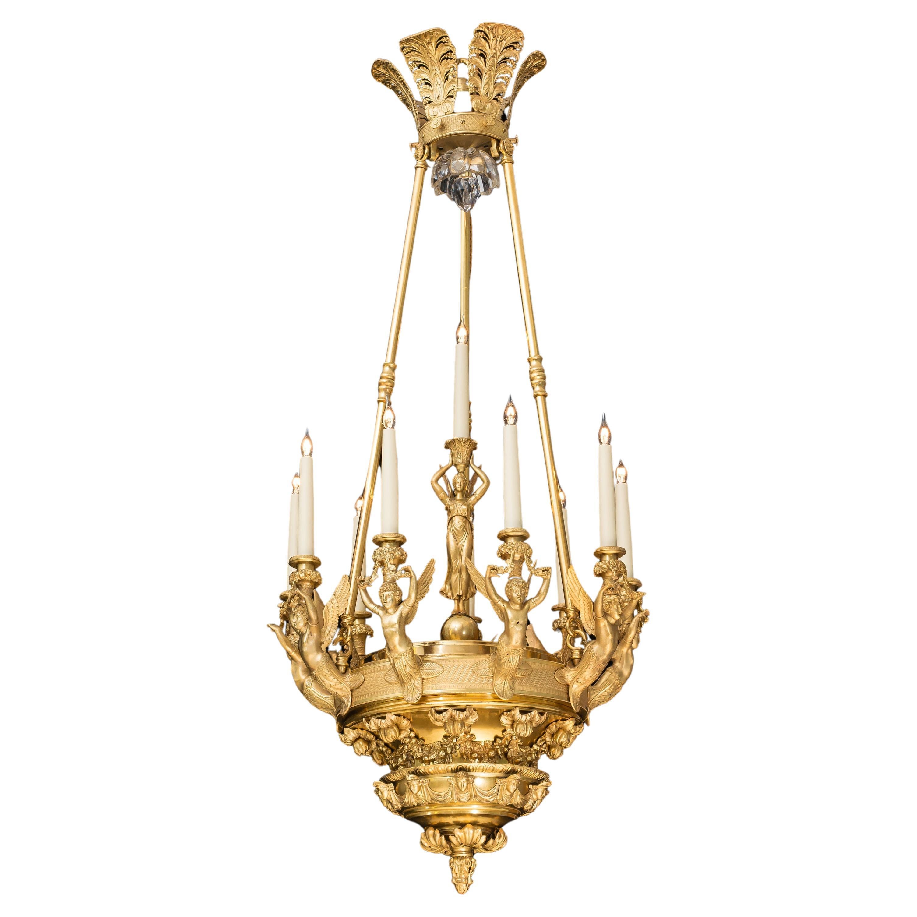 Antique French Empire Style Neoclassical Gilt Bronze 10-Light Chandelier