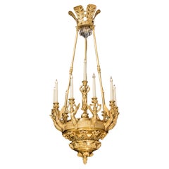 Lustre à 10 lumières de style Empire français néoclassique en bronze doré ancien