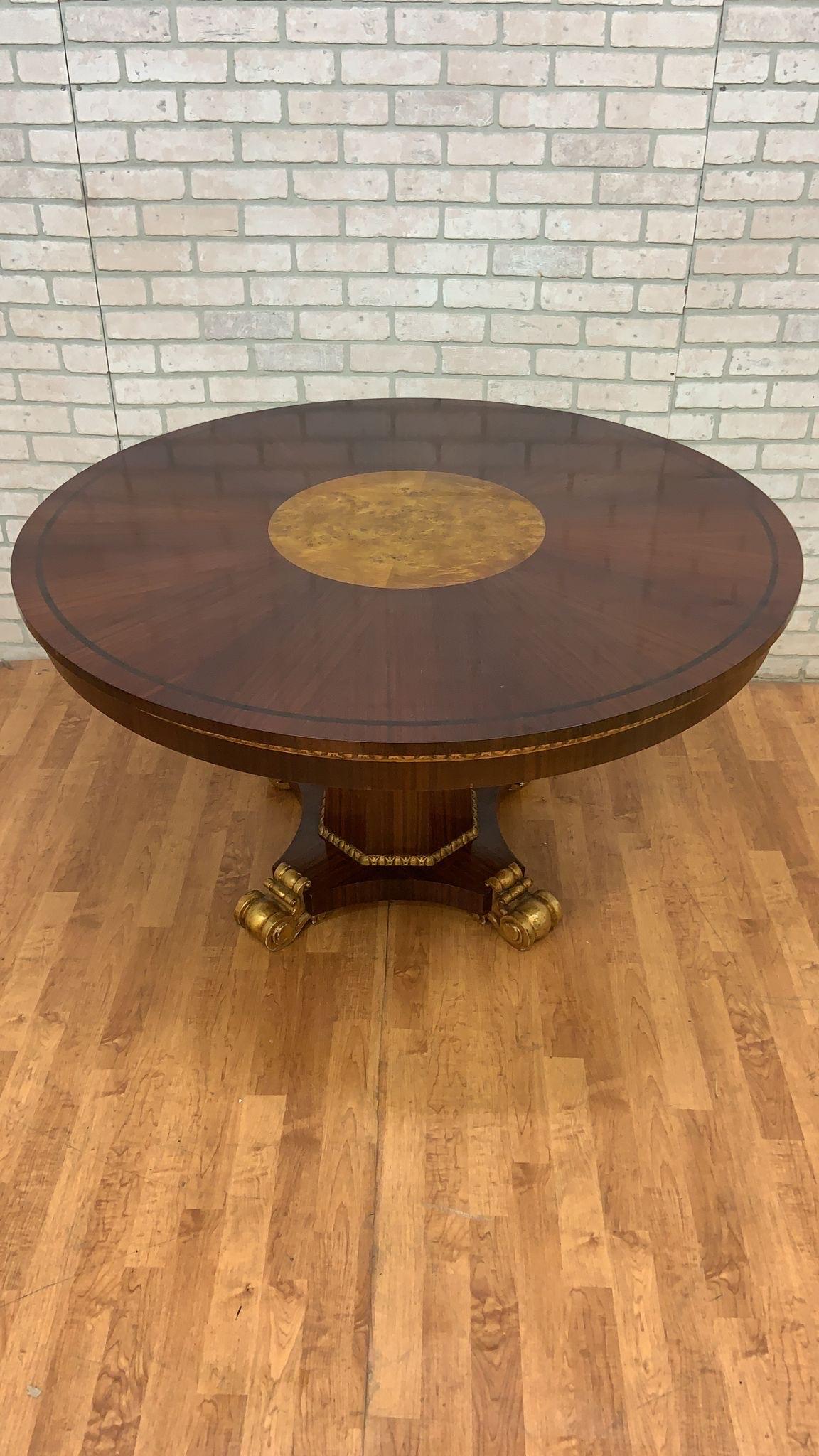 *** Shipping is NOT Free, please read below how to get a shipping quote. 

Antique French Empire Style Round Pedestal Table with Burlwood Center

A gorgeous French Regency style circular mahogany pedestal base table with burled wood center, carved