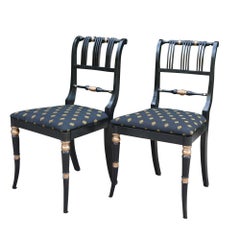 Antique French Empire Style Side Chairs Black and Gold Upholstery Pair