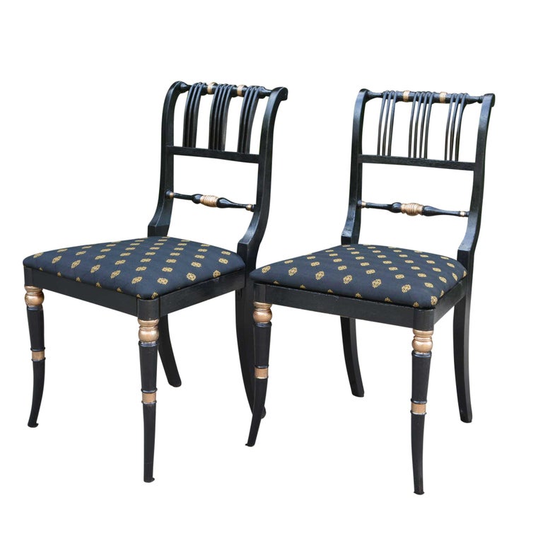 Antique French Empire Style Side Chairs Black and Gold Upholstery Pair