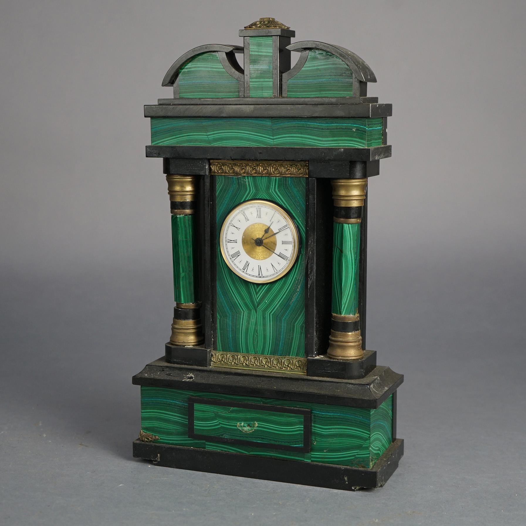 19th Century Antique French Empire Style Slate and Malachite Clock 19thC