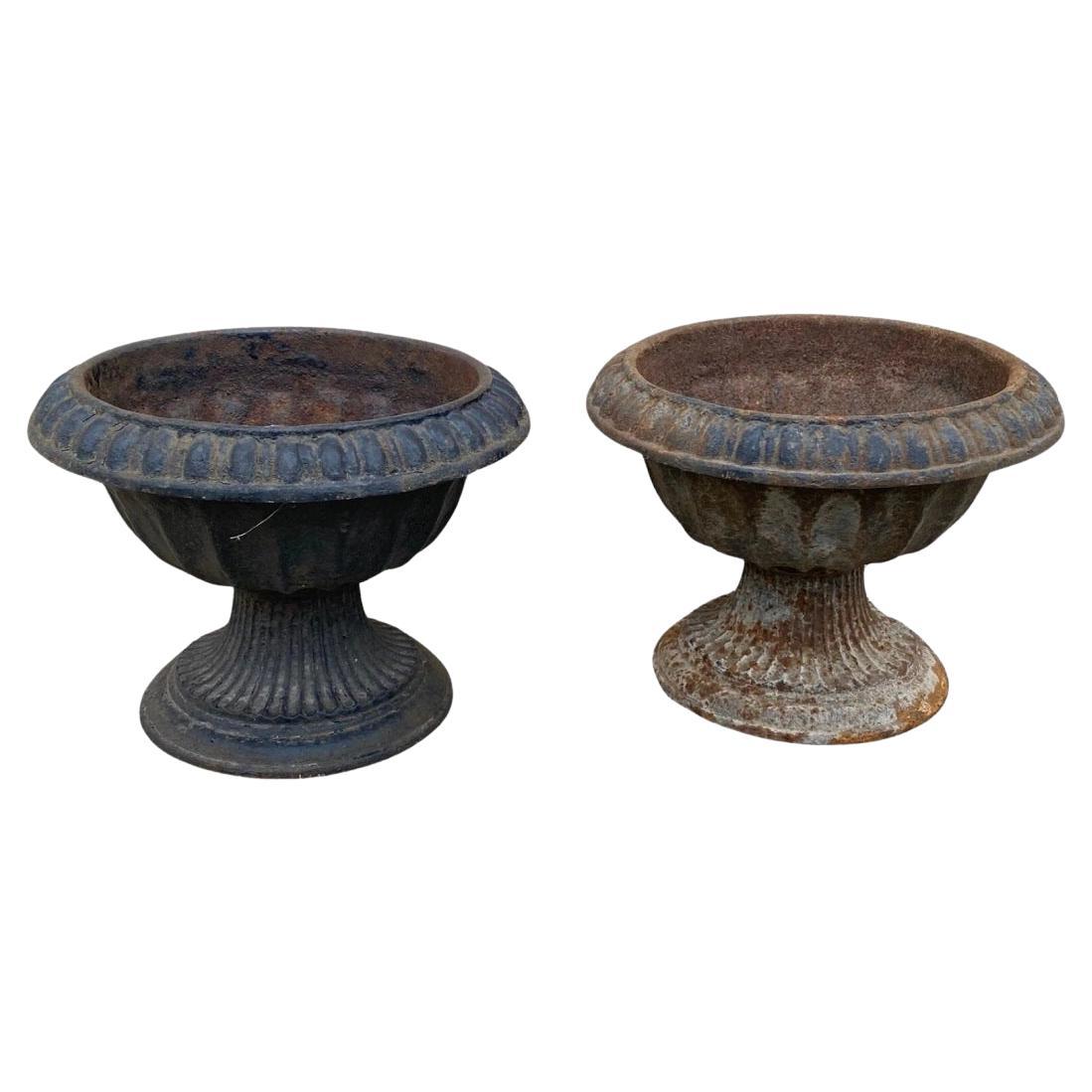 Antique French Empire Style Small 12" Cast Iron Urn Garden Planter Pots - Pair For Sale
