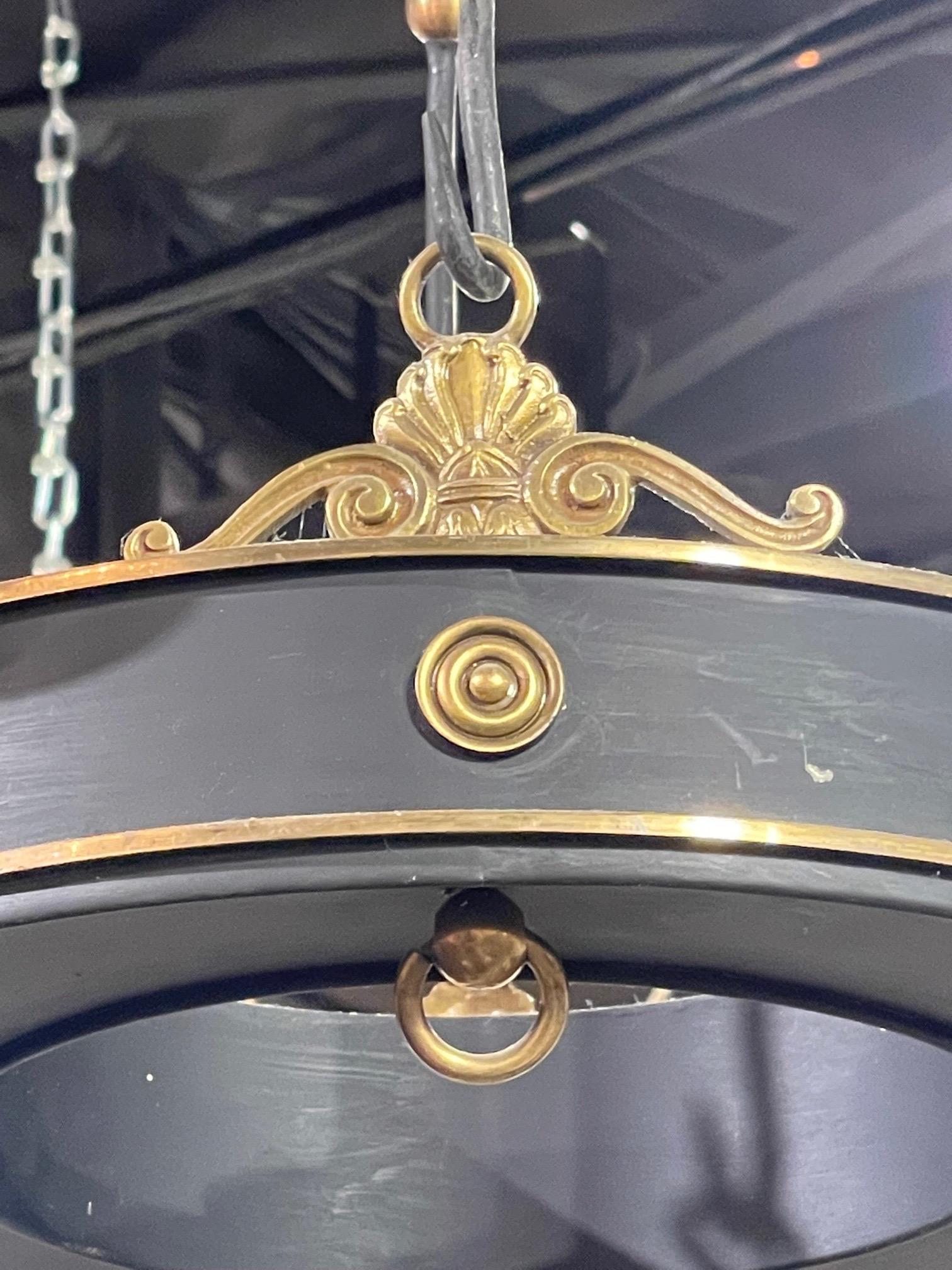Antique French Empire Style Tole and Gilt Brass 4 Light Chandelier In Good Condition In Dallas, TX