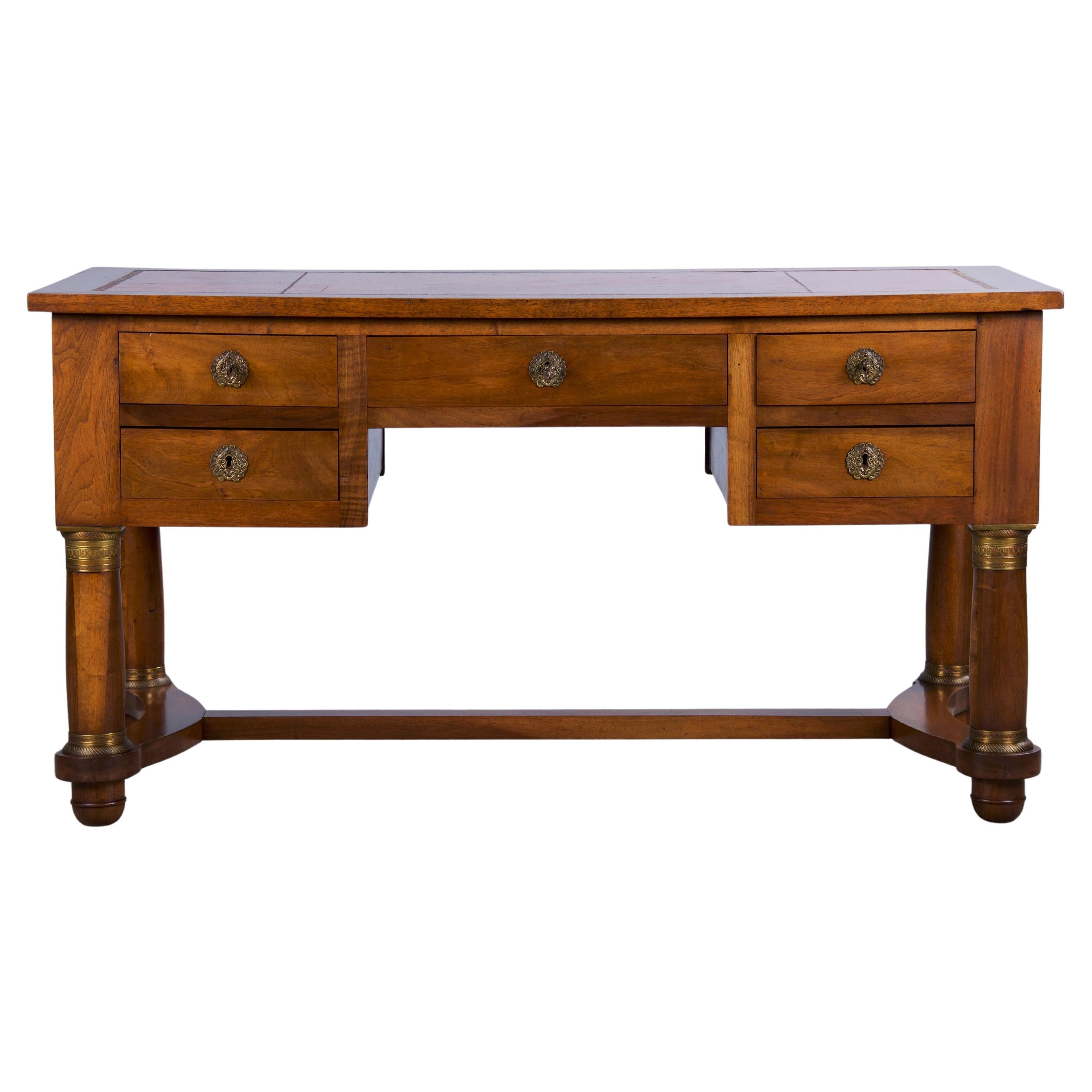 Antique French Empire Style Walnut Writing Desk W/ Brown Leather Top