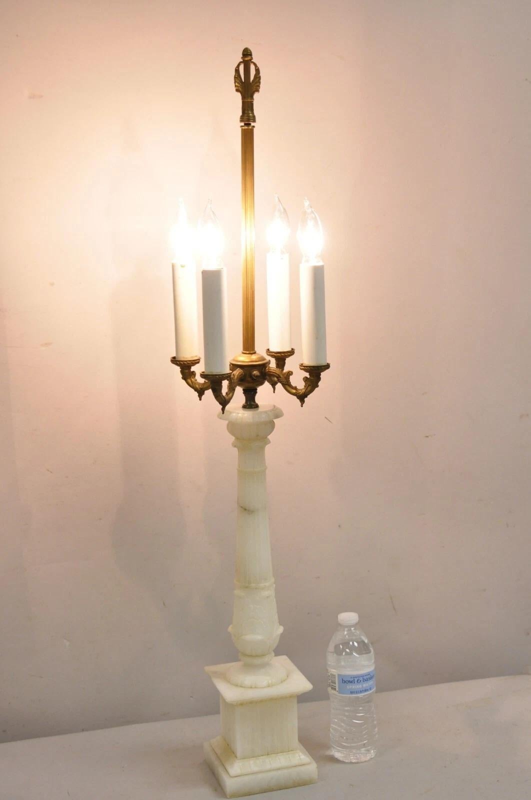 Antique French Empire Style White Carved Alabaster Column Candelabra Table Lamp For Sale 4
