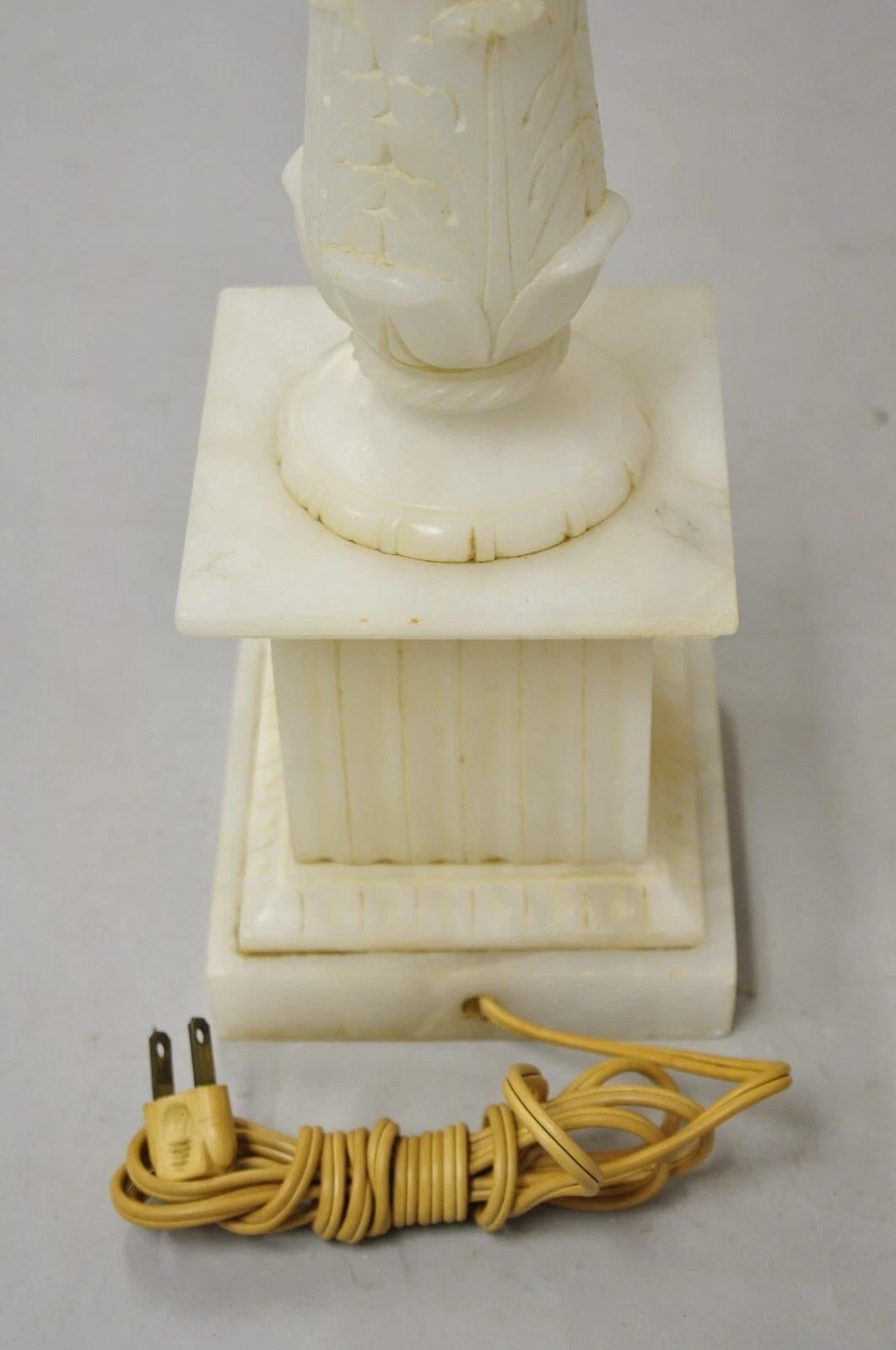 Antique French Empire Style White Carved Alabaster Column Candelabra Table Lamp For Sale 5