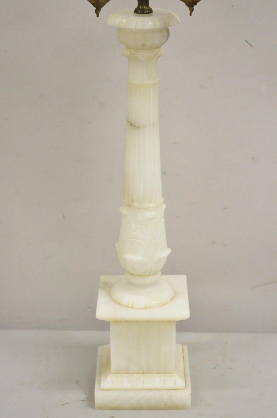 Antique French Empire Style White Carved Alabaster Column Candelabra Table Lamp For Sale 6