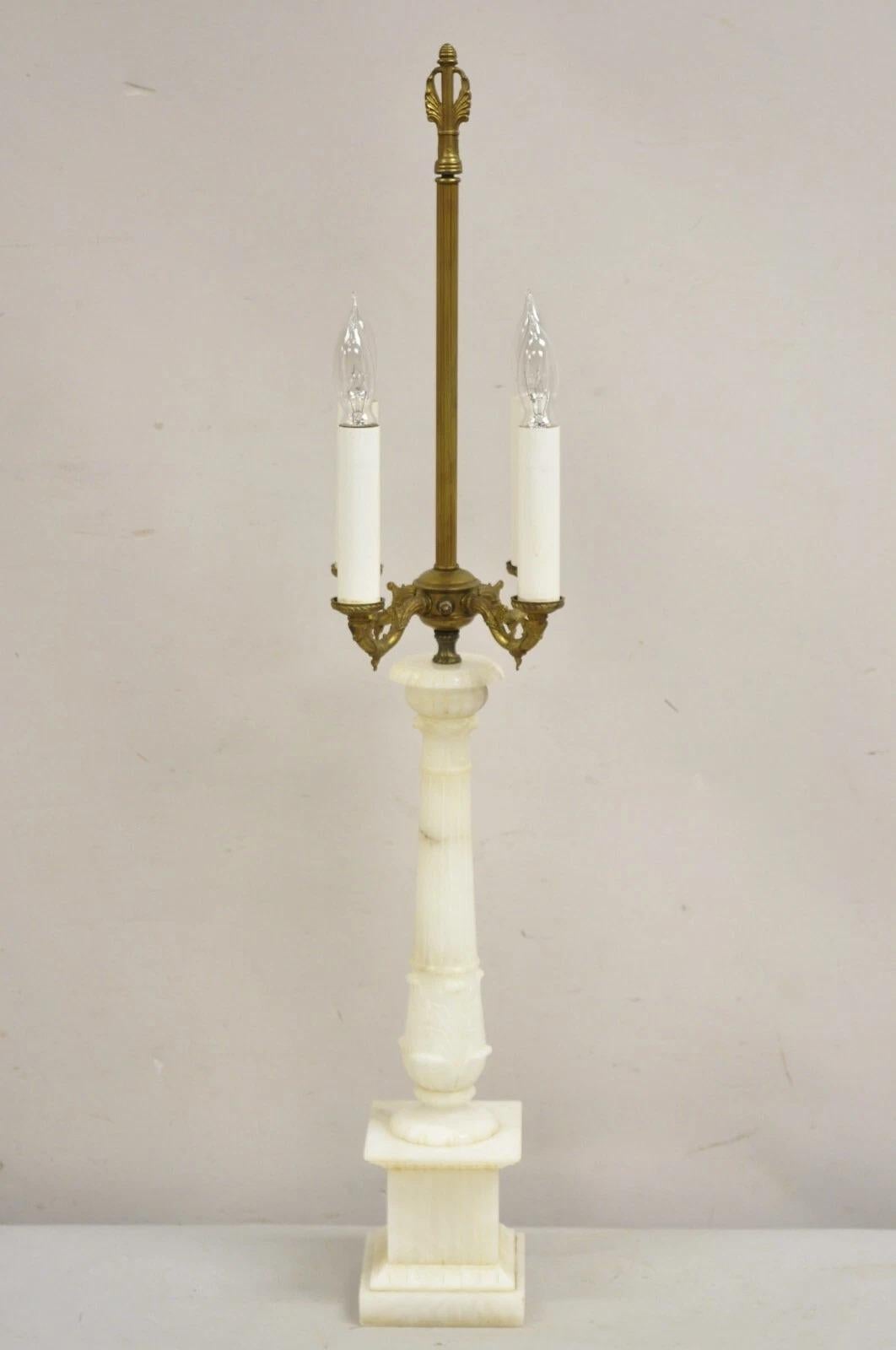 Antique French Empire Style White Carved Alabaster Column Form Candelabra Table Lamp with Multi Light Settings. Circa Early 20th Century. Measurements: 37.5
