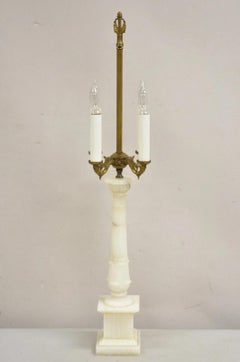 Antique French Empire Style White Carved Alabaster Column Candelabra Table Lamp