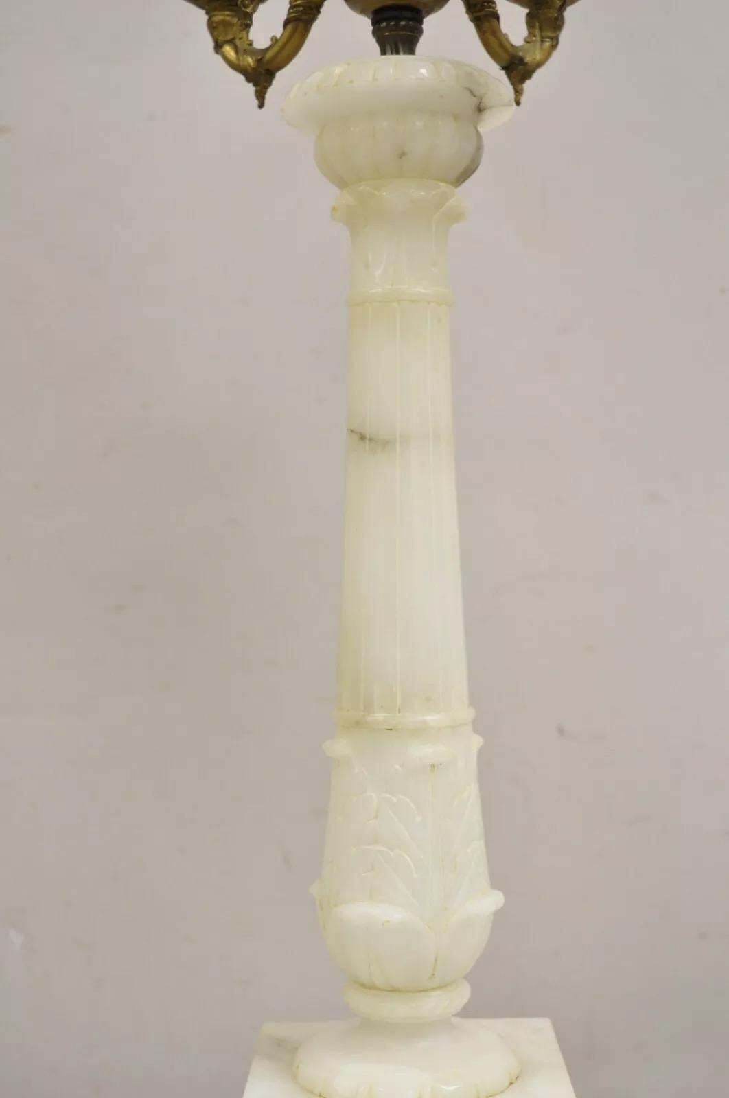 Other Antique French Empire Style White Carved Alabaster Column Candelabra Table Lamp For Sale