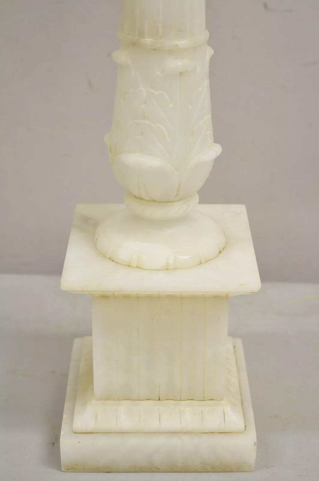 Unknown Antique French Empire Style White Carved Alabaster Column Candelabra Table Lamp For Sale