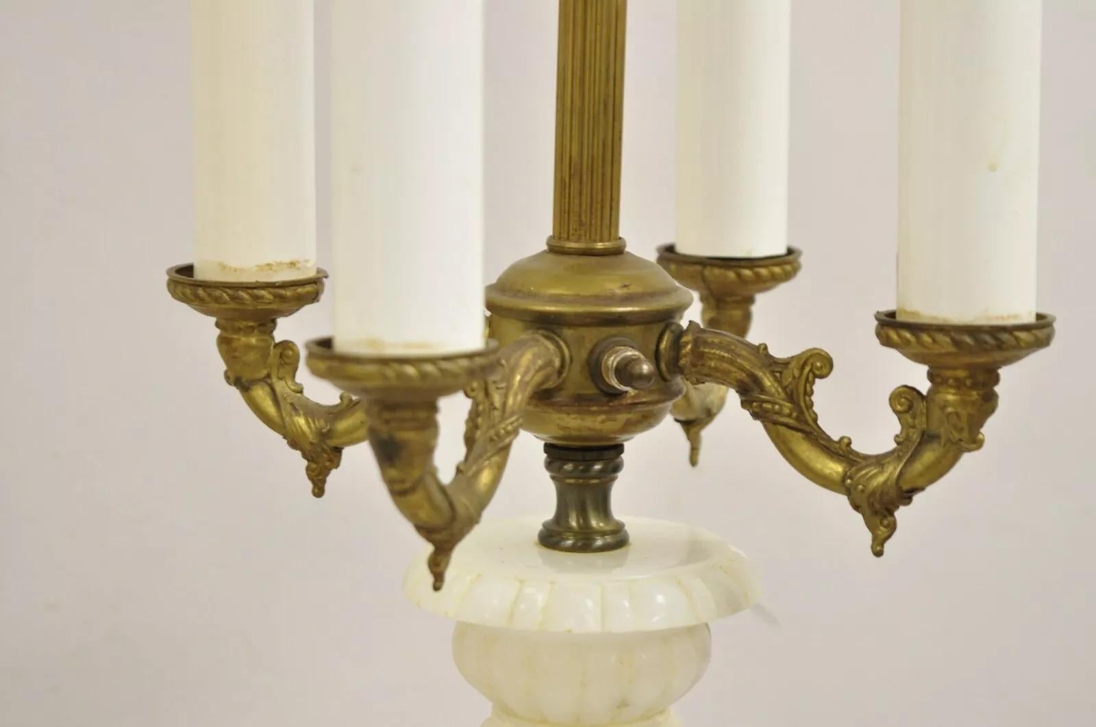 Antique French Empire Style White Carved Alabaster Column Candelabra Table Lamp In Good Condition For Sale In Philadelphia, PA