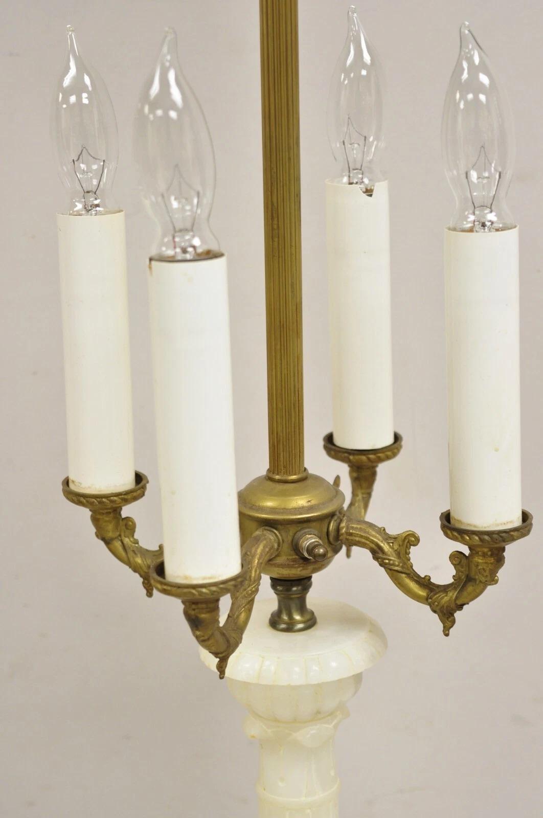 20th Century Antique French Empire Style White Carved Alabaster Column Candelabra Table Lamp For Sale