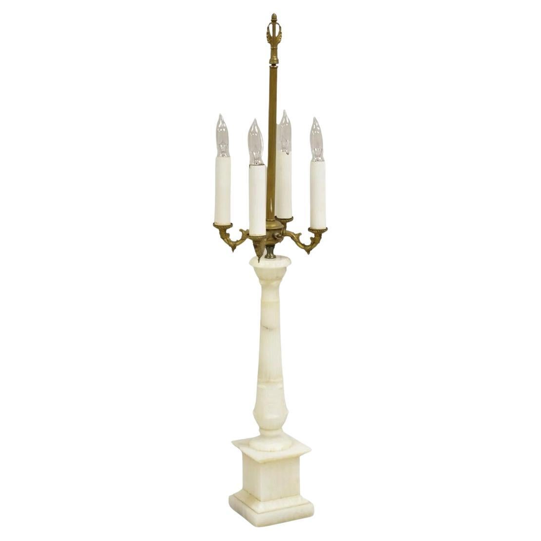 Antique French Empire Style White Carved Alabaster Column Candelabra Table Lamp For Sale