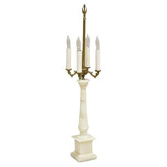 Antique French Empire Style White Carved Alabaster Column Candelabra Table Lamp