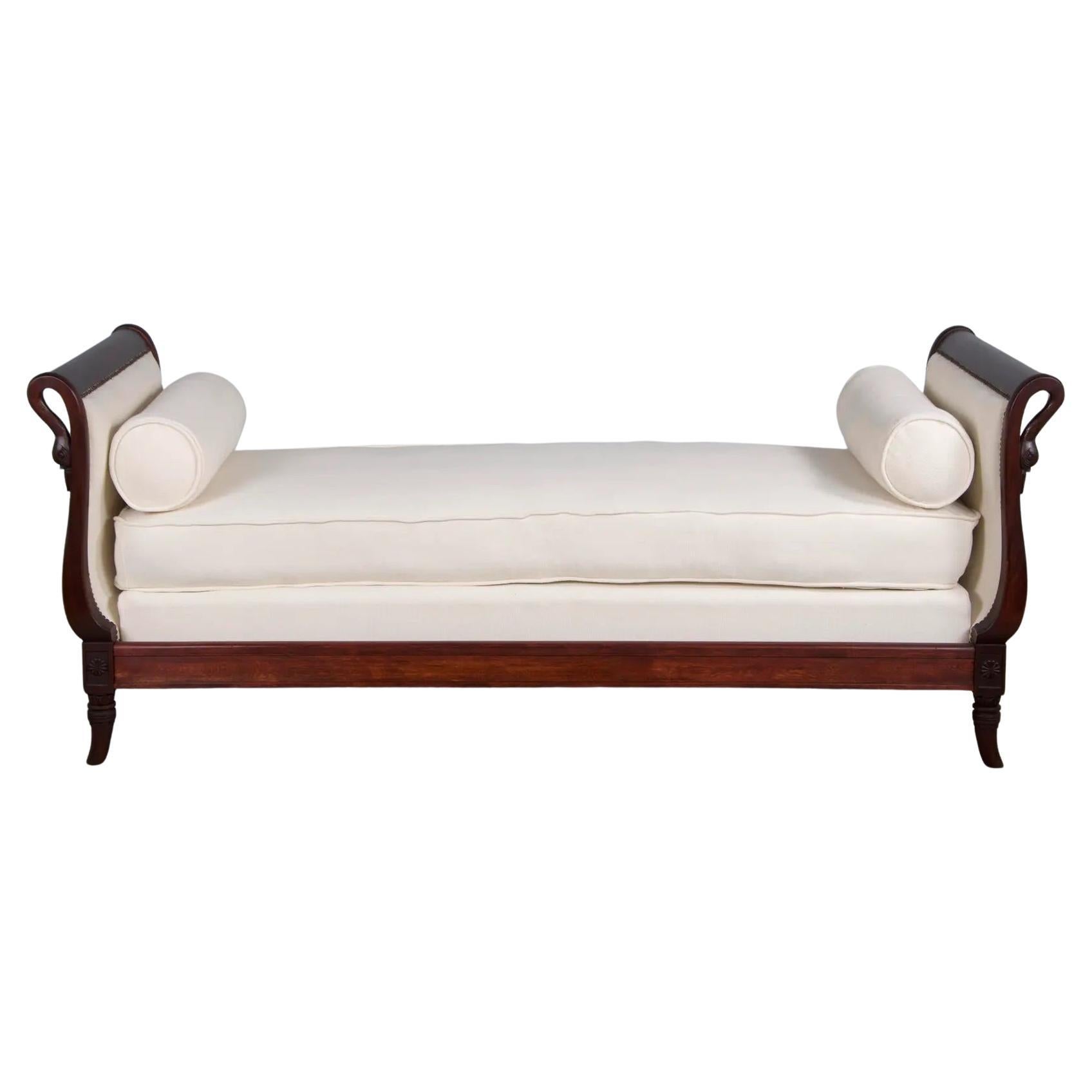 Antique French Empire Swan Neck Mahogany Daybed in Cream