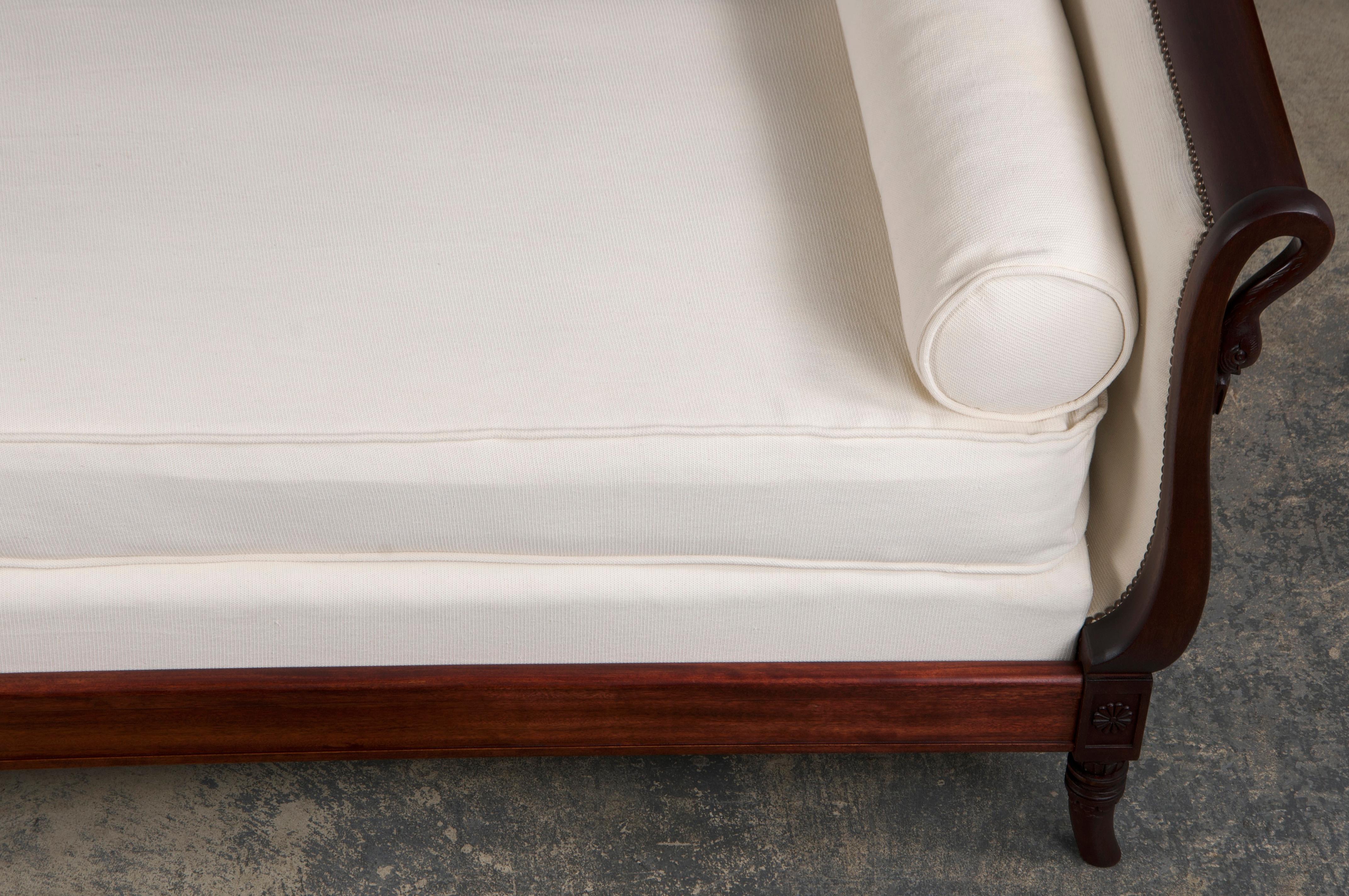 Antique French Empire Swan Neck Mahogany Daybeds W/ Cream Woven Fabric - A Pair For Sale 5