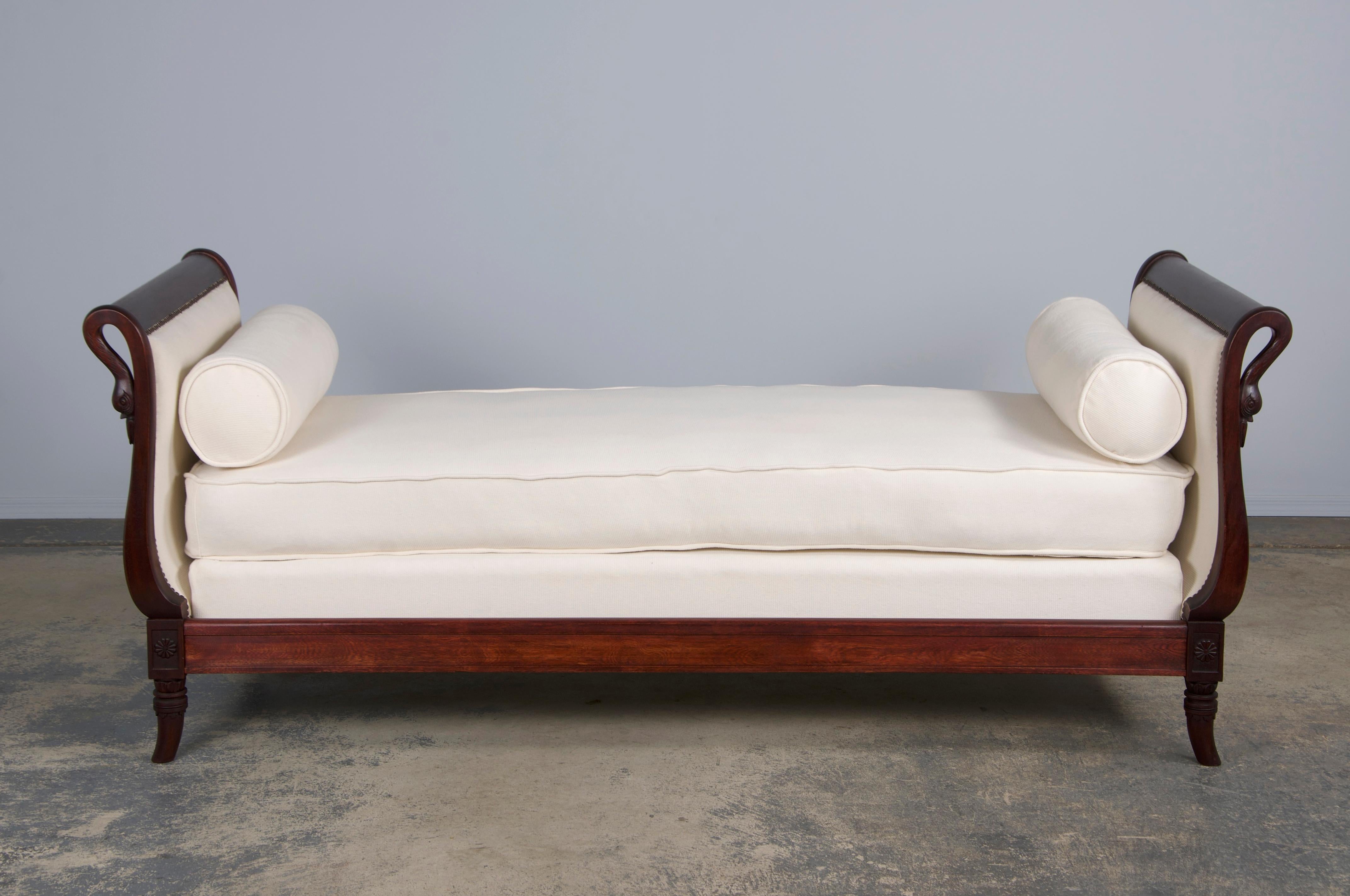 Antique French Empire Swan Neck Mahogany Daybeds W/ Cream Woven Fabric - A Pair For Sale 6