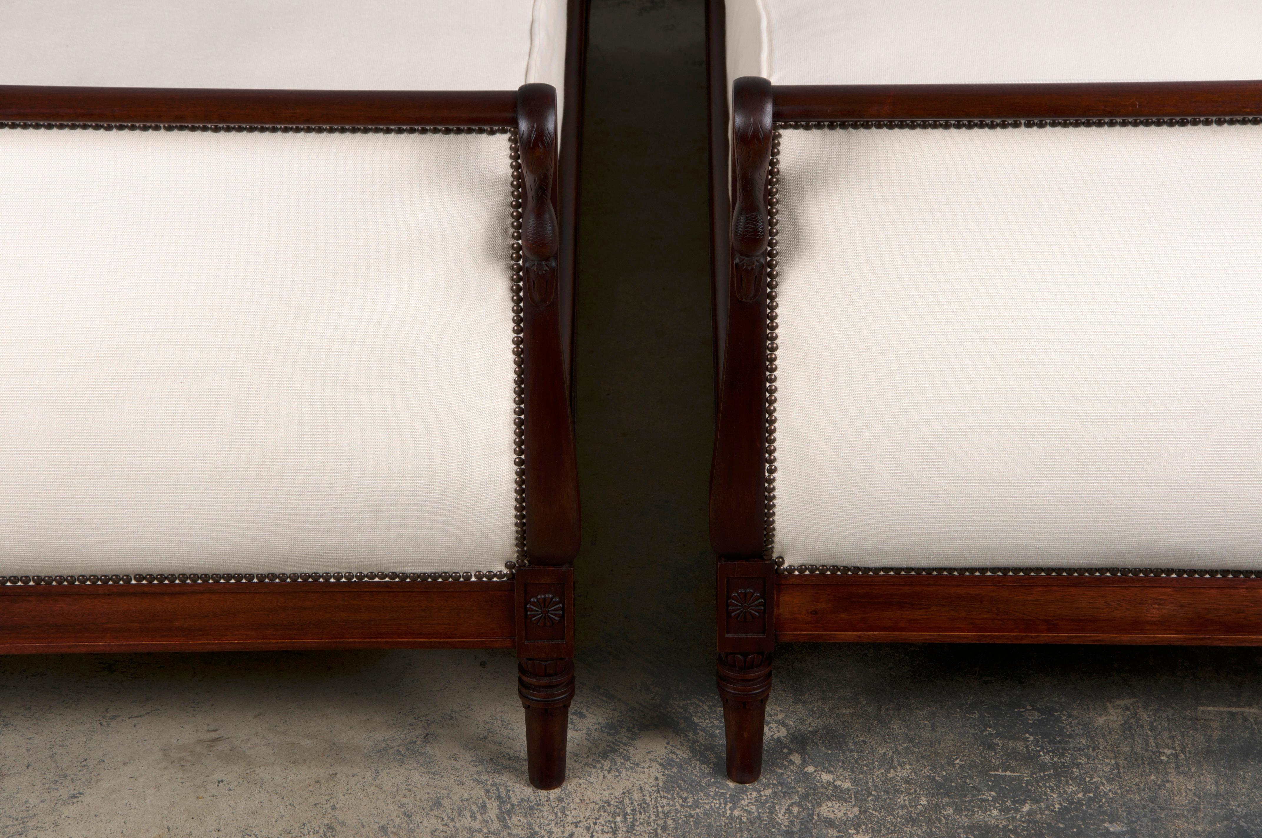 Antique French Empire Swan Neck Mahogany Daybeds W/ Cream Woven Fabric - A Pair For Sale 10