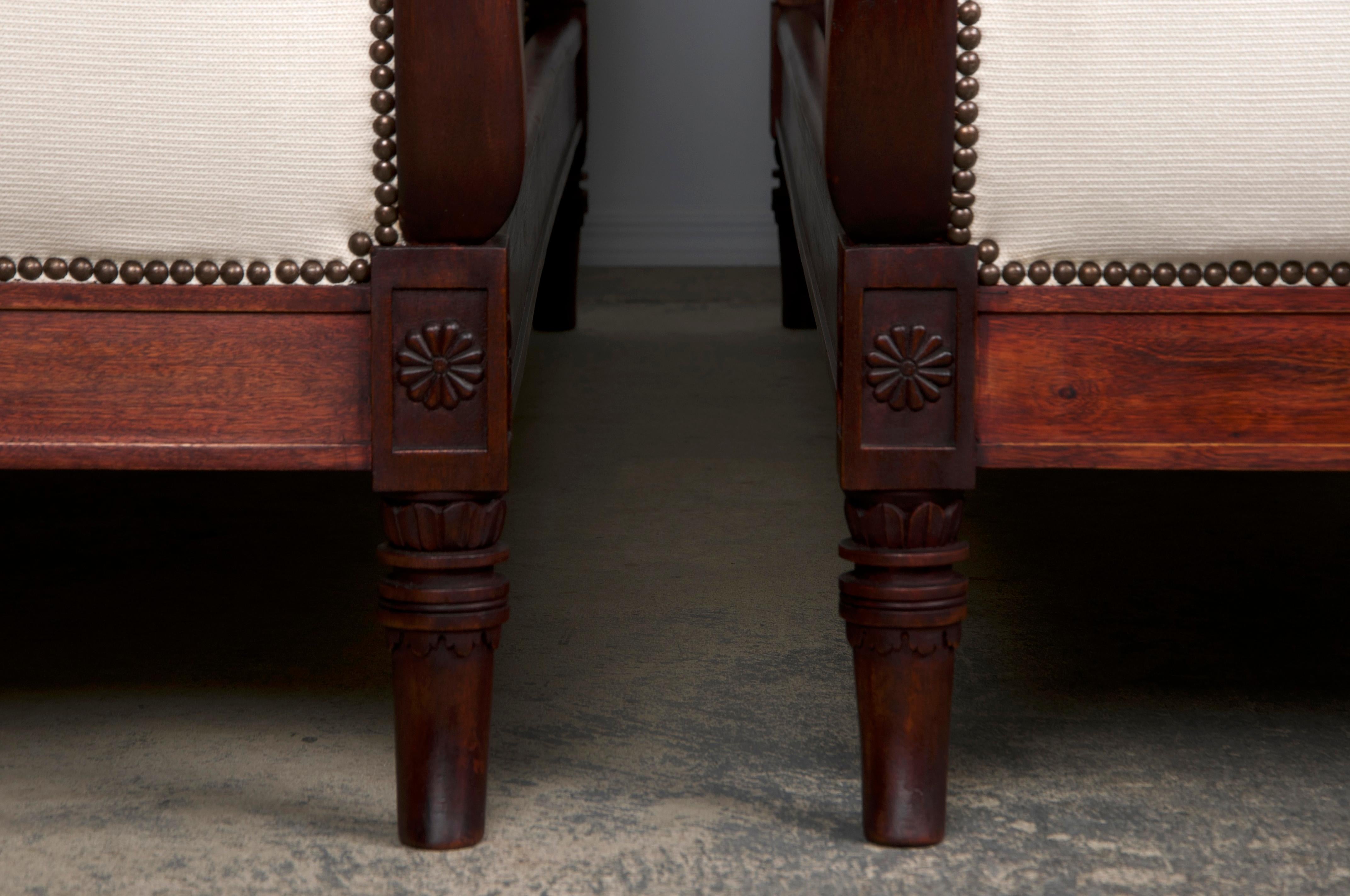 Antique French Empire Swan Neck Mahogany Daybeds W/ Cream Woven Fabric - A Pair For Sale 11
