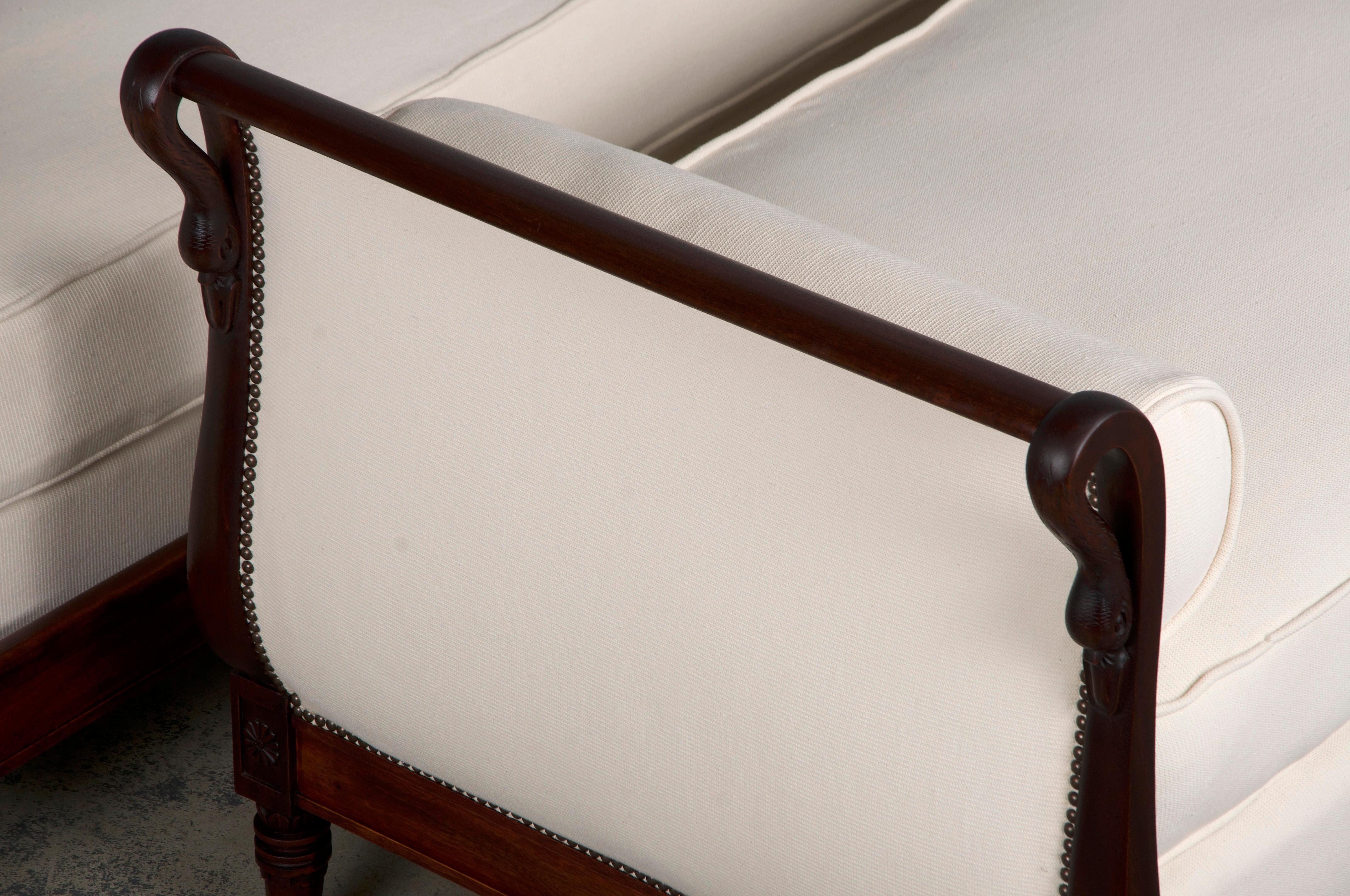 Antique French Empire Swan Neck Mahogany Daybeds W/ Cream Woven Fabric - A Pair For Sale 14