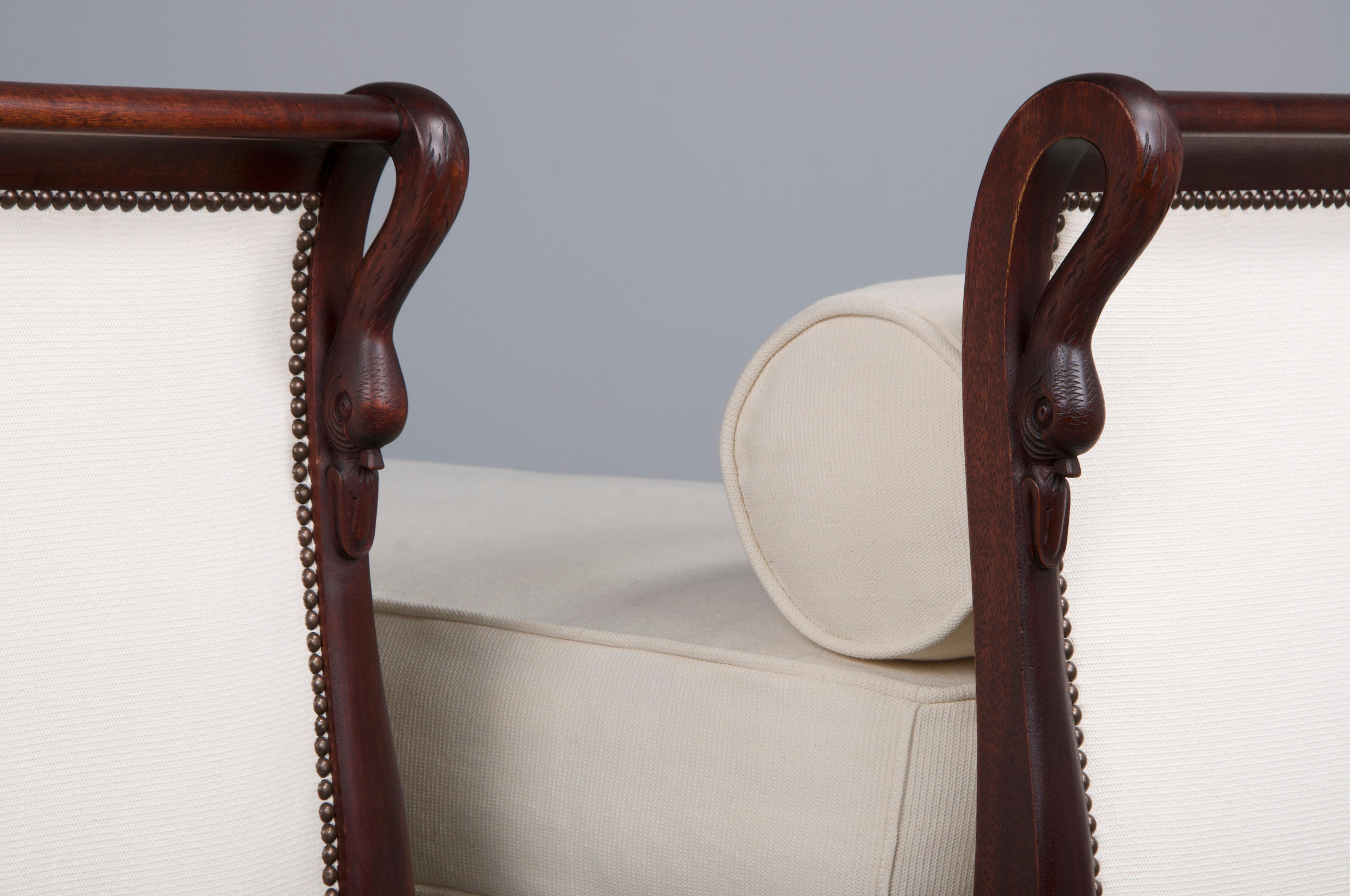 Hand-Carved Antique French Empire Swan Neck Mahogany Daybeds W/ Cream Woven Fabric - A Pair For Sale