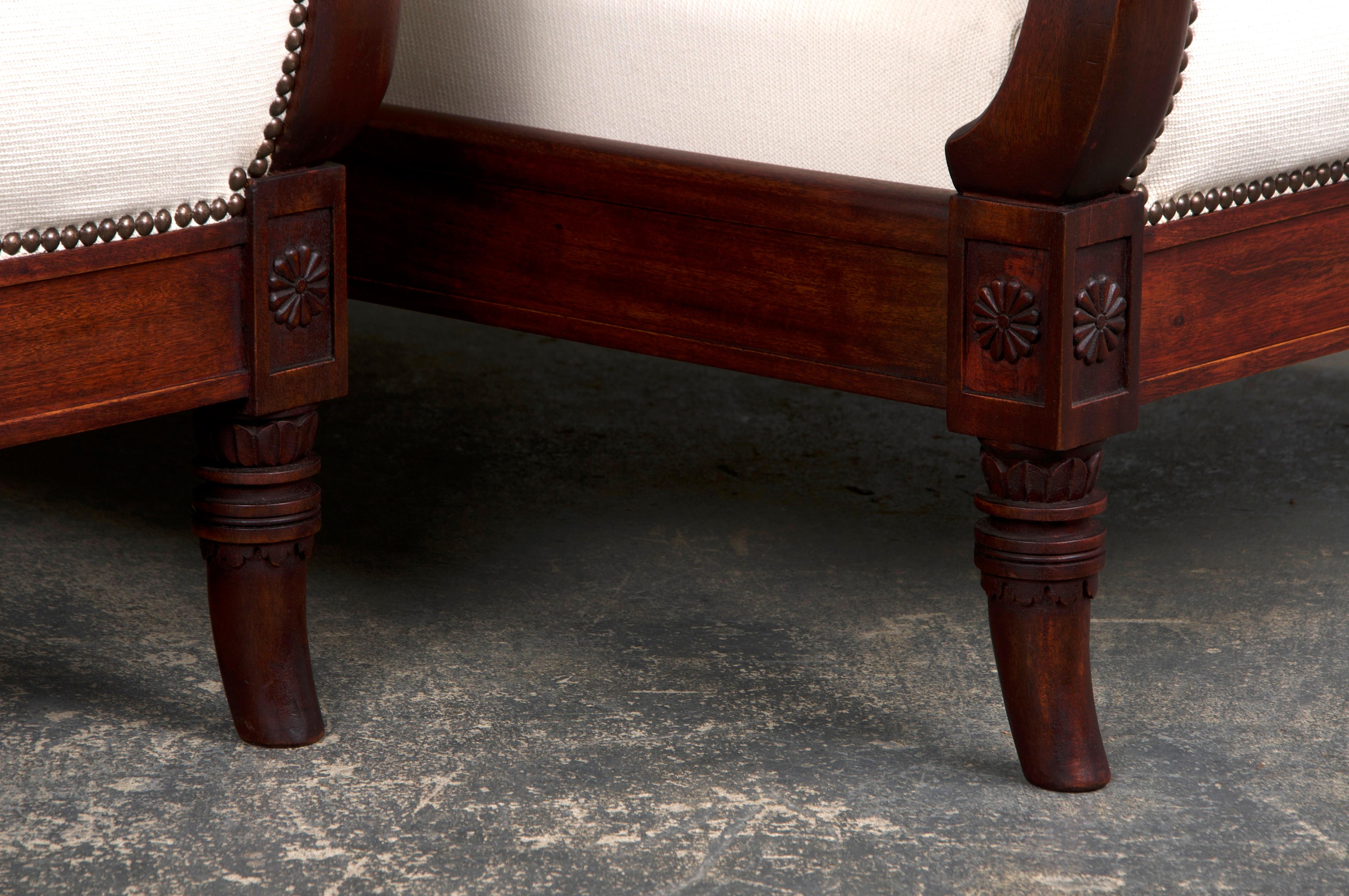 Antique French Empire Swan Neck Mahogany Daybeds W/ Cream Woven Fabric - A Pair In Good Condition For Sale In Astoria, NY