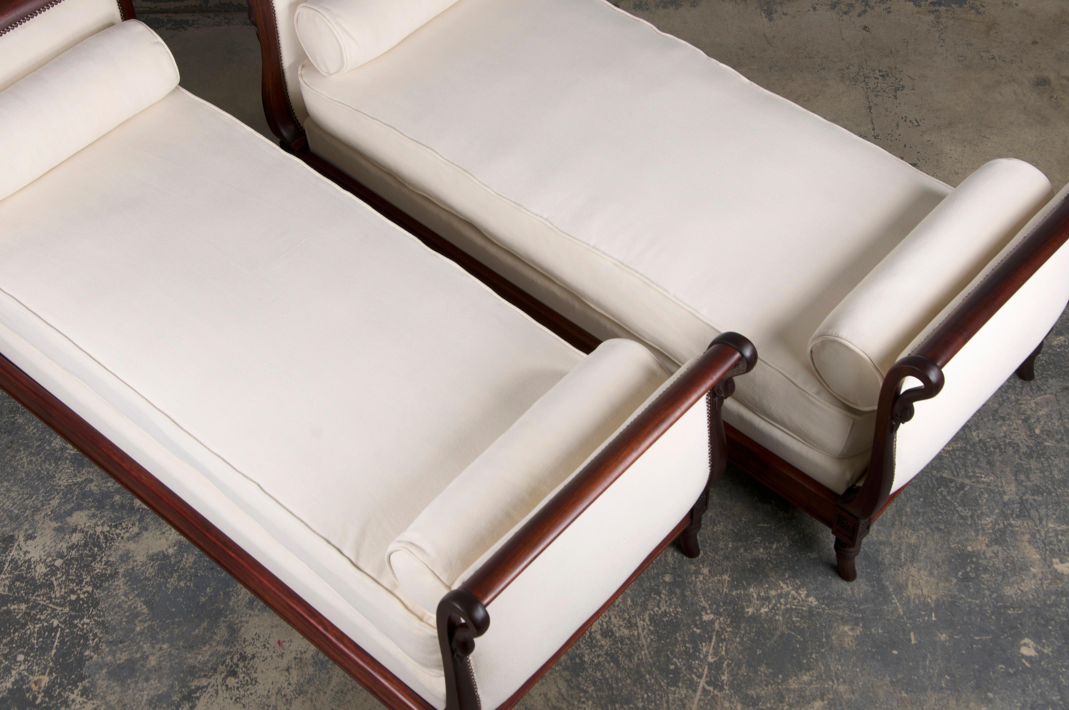Antique French Empire Swan Neck Mahogany Daybeds W/ Cream Woven Fabric - A Pair For Sale 2