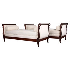 Antique French Empire Swan Neck Mahogany Daybeds W/ Cream Woven Fabric - A Pair