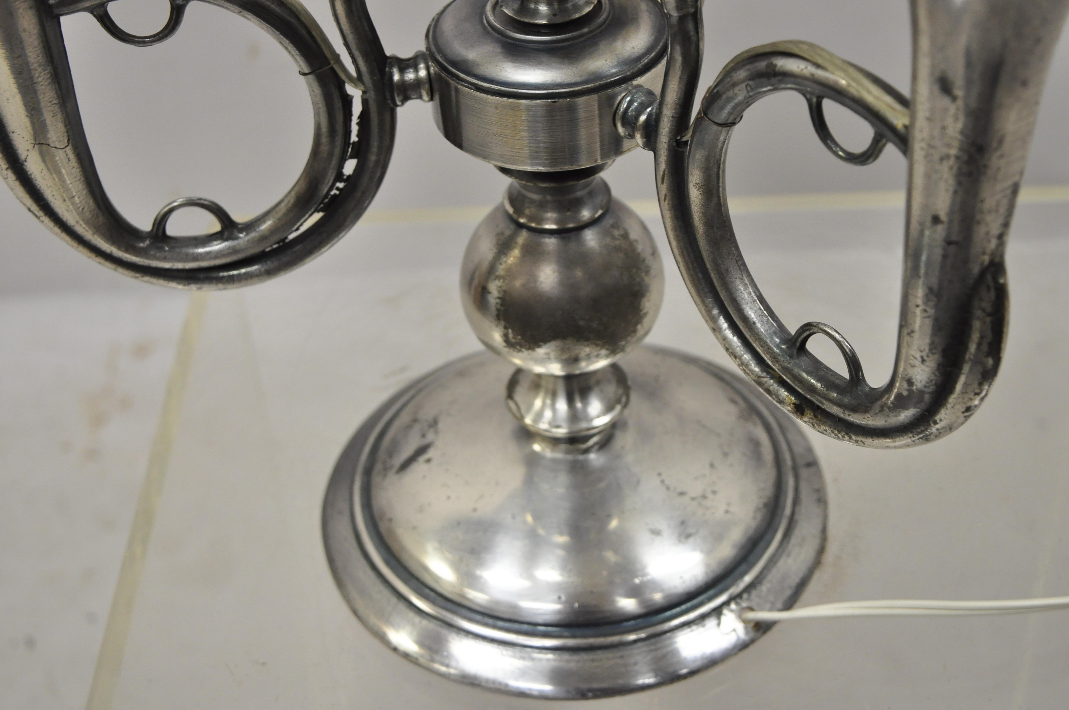 Antique French Empire Trumpet Arm Metal Shade Nickel-Plated Bouillotte Desk Lamp 2
