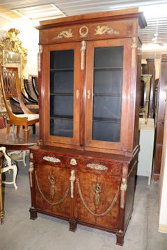 Antique French Empire Walnut Bookcase or China Cabinet with Bronze Figures
