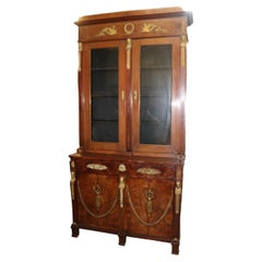 Antique French Empire Walnut Bookcase or China Cabinet with Bronze Figures