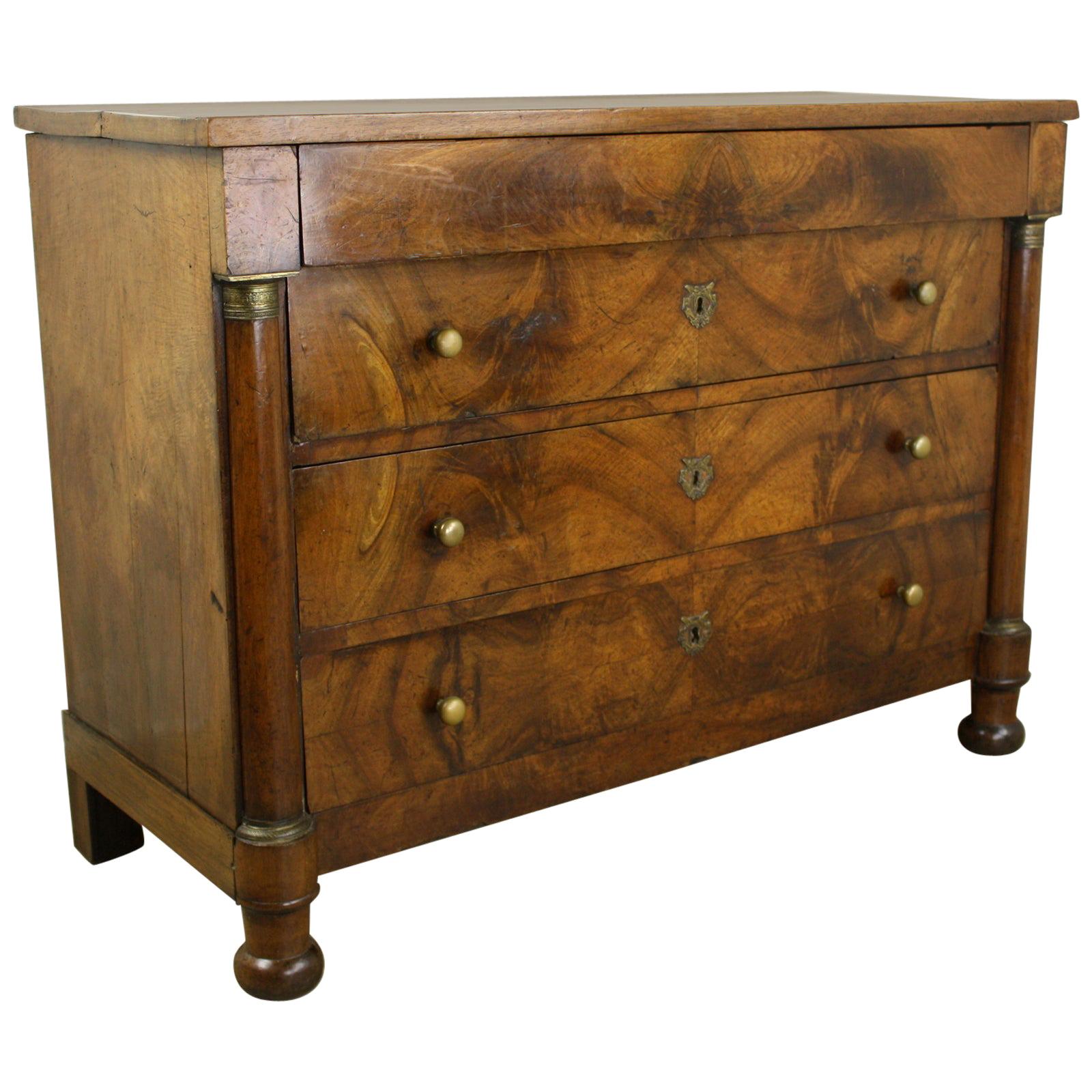 Antique French Empire Walnut Commode, Bronze Accents